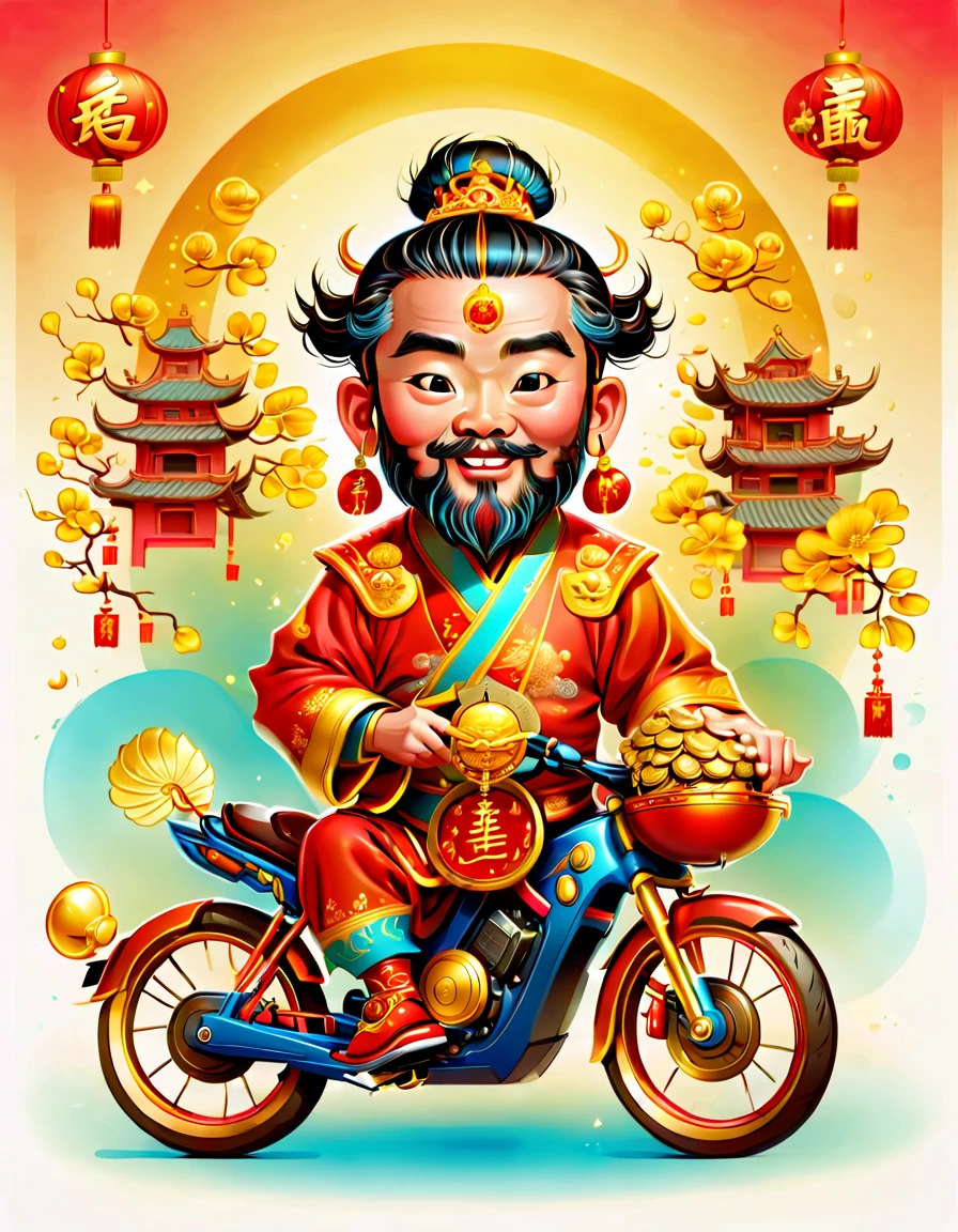 pixar style, (long shot: 1.8), (Chinese - chic Chinese mythological God of Wealth, anatomically correct, oriental elements), (a cute God of Wealth riding an e-bike with a gold ingot in his hand, Treasures Follow), (China - Stylish Illustration: 1.5, Vector Drawing: 1.5), (Chinese Colors, Advanced Color Matching, Gradient Background, White Background: 1.5), (Very Detailed, Well Designed, Clear Lines, High Definition, Best Quality, Masterpiece, Official Art, Cinematic Lighting Effects, 8K)