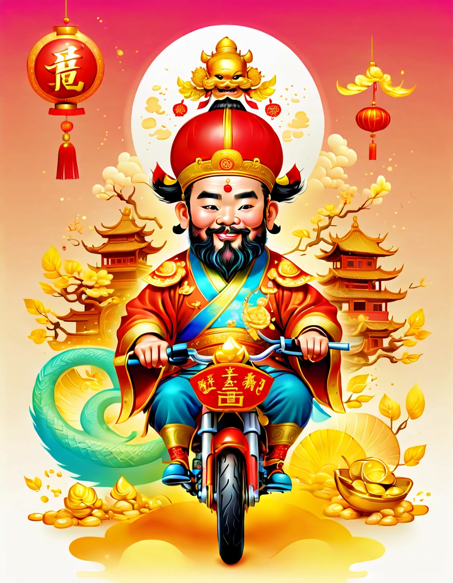 pixar style, (long shot: 1.8), (Chinese - chic Chinese mythological God of Wealth, anatomically correct, oriental elements), (a cute God of Wealth riding an e-bike with a gold ingot in his hand, Treasures Follow), (China - Stylish Illustration: 1.5, Vector Drawing: 1.5), (Chinese Colors, Advanced Color Matching, Gradient Background, White Background: 1.5), (Very Detailed, Well Designed, Clear Lines, High Definition, Best Quality, Masterpiece, Official Art, Cinematic Lighting Effects, 8K)