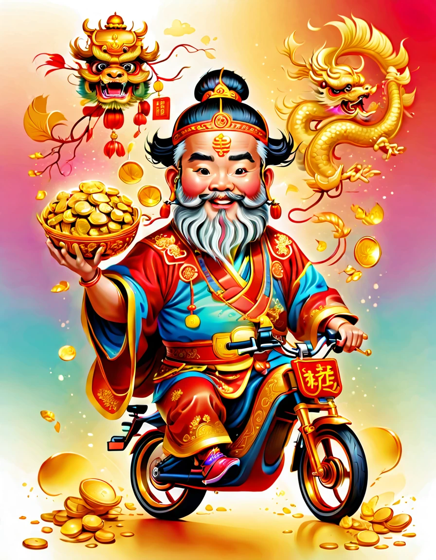 pixar style, (long shot: 1.8), (Chinese - chic Chinese mythological God of Wealth, anatomically correct, oriental elements), (a cute God of Wealth riding an e-bike with a gold ingot in his hand, Treasures Follow), (China - Stylish Illustration: 1.5, Vector Drawing: 1.5), (Chinese Colors, Advanced Color Matching, Gradient Background, White Background: 1.5), (Very Detailed, Well Designed, Clear Lines, High Definition, Best Quality, Masterpiece, Official Art, Cinematic Lighting Effects, 8K)