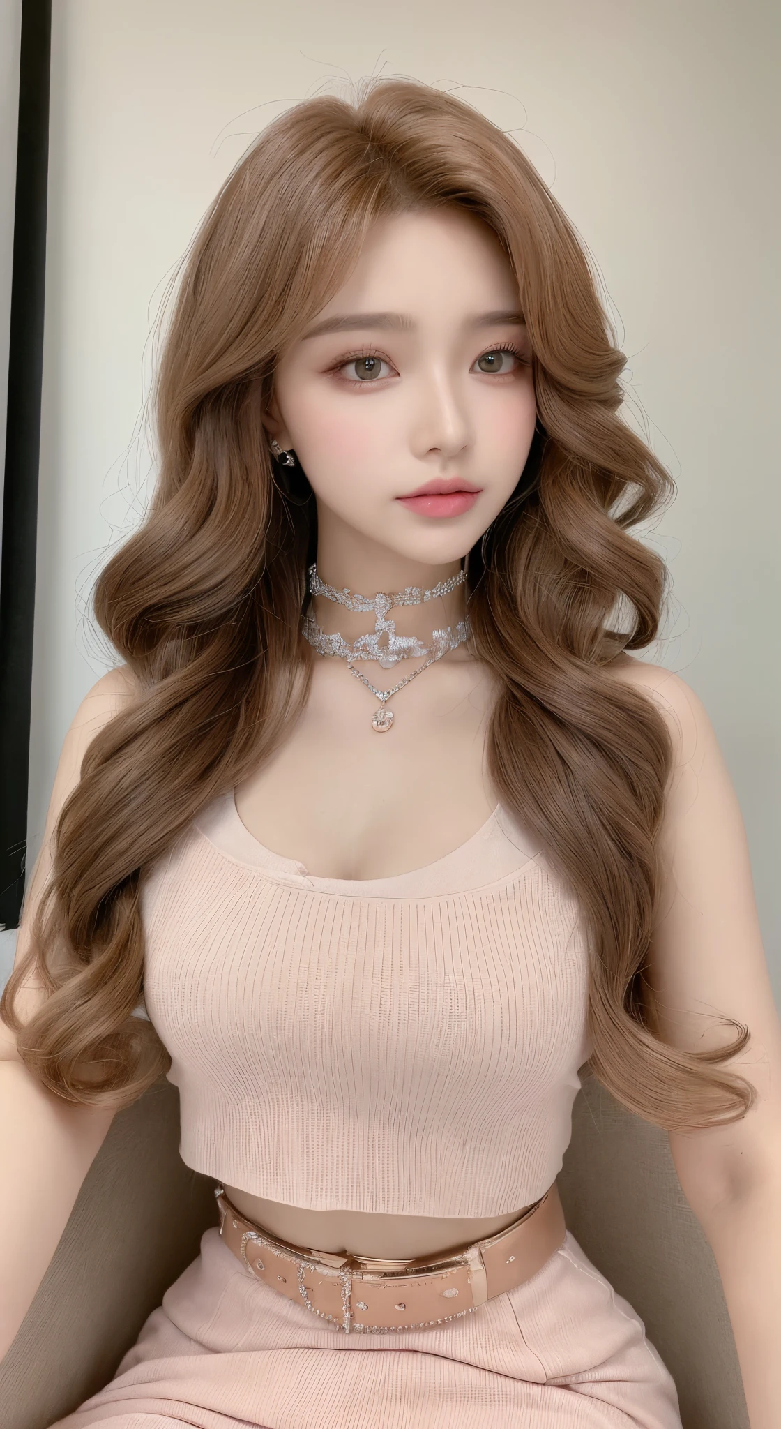 ((best qualtiy, 8K, tmasterpiece:1.3)), Focus:1.2, ((Barbie Girl)) ((Dolled Up)) ((Perfect figure Beautiful Woman: 1.4)), ((Sitting On Chair)) ((Random Parted Layered Hairstyle) ((Brown Wavy Hair In Big Curls))(Wearing Porcelain Pink Crop Top and Skirt With Belt:1.5,Highly Detailed Face and Skin Texture,二重まぶた,Detailed Skin,Wearing A Diamond Chocker, Looking At Camera, Zoom Out On Woman