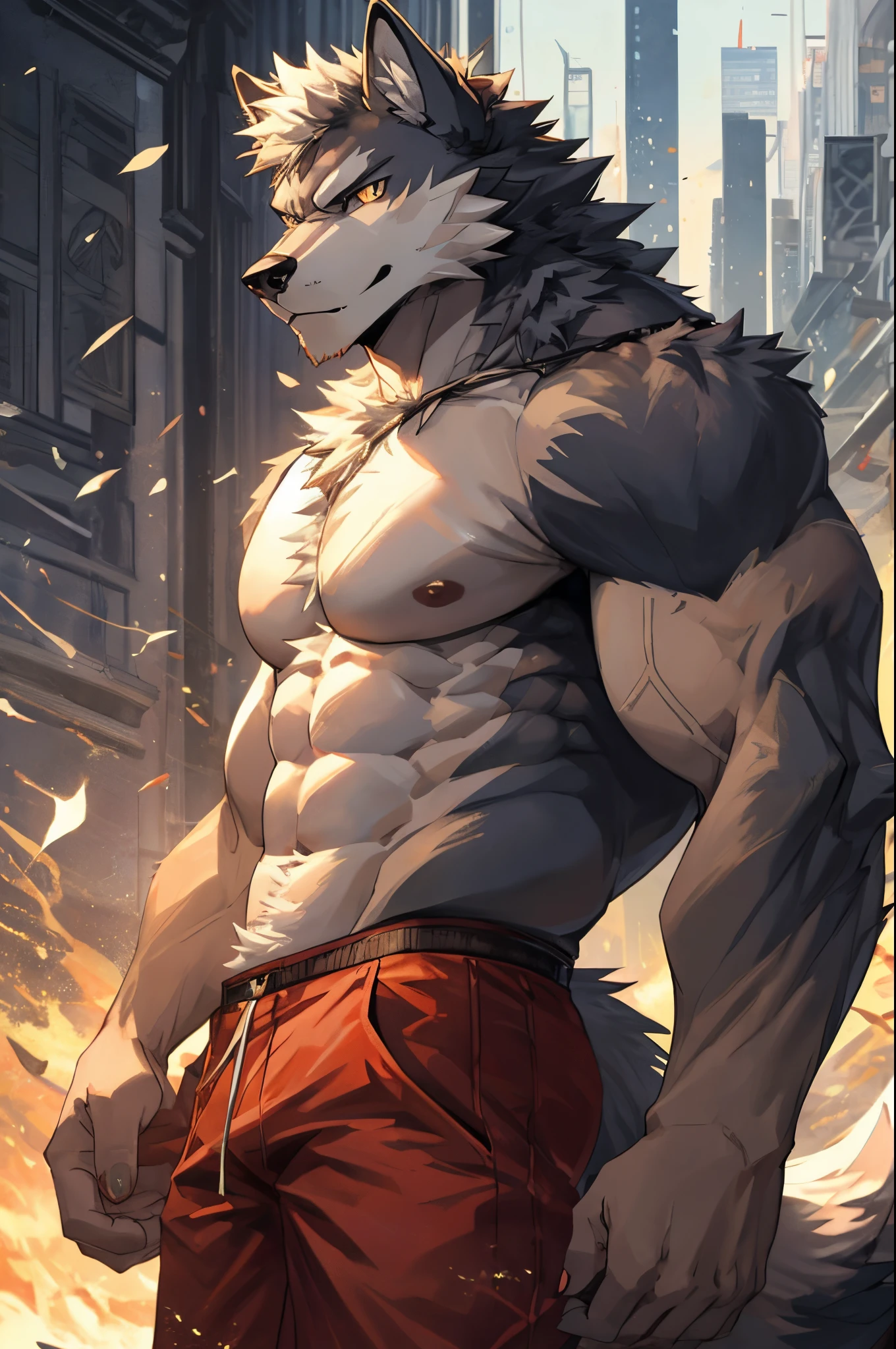 Masterpiece, Solo, Furry Wolf, Perfect Eyes, Short Hair, Medium Muscular Body, Adult, Cool Pose, Handsome, shirtless, Good Looking, Fierce.