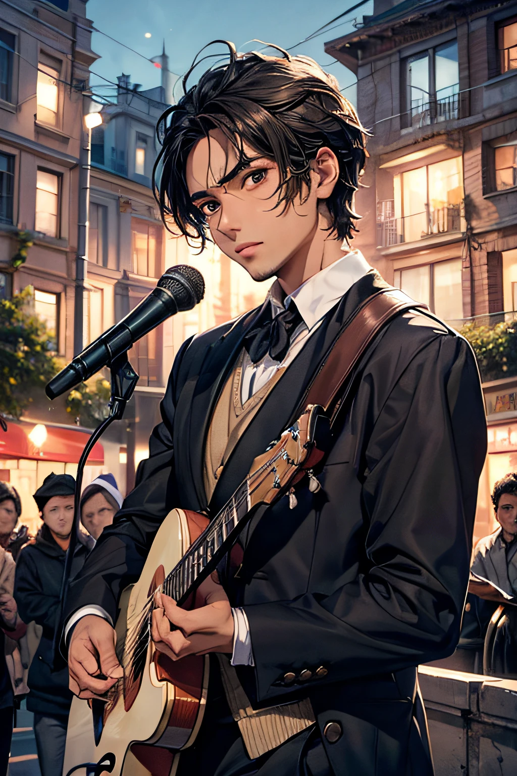 "Create an image of Miguel, the Poet of Urban Riachos, in an evening recital in the square. Convey the emotion on his face as he uses his words to unite the community. Highlight the poetic atmosphere and inspiring expression in his eyes, engaging the viewers in mutual understanding and cooperation."