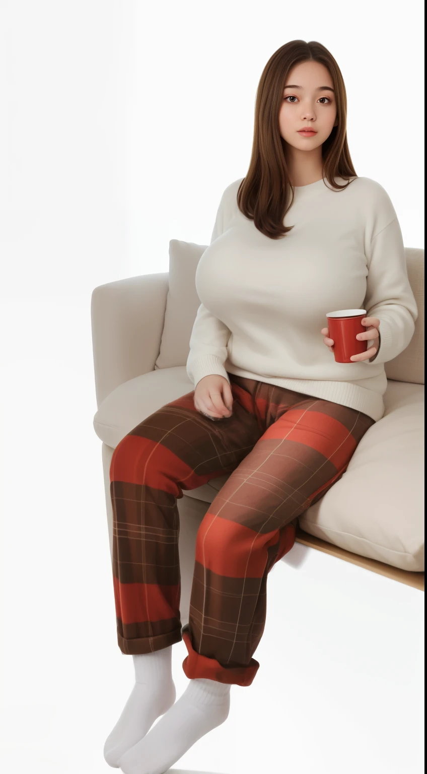 (best quality), big head, (1girl with gigantic breasts:1.3) Girl With Brown Hair , White Pale Skin Tone , Korean , Fat Girl , Gigantic Breast , Girl sit on cozy sofa , White Sweater , Red Plaid Pajama Pants , Holding drink Cup , Thanksgiving, hold the cup witth hand, Christmas Vibing , Wearing Socks In Her Feet , Comfortable, Enjoying Time , Details , UHD , 8K