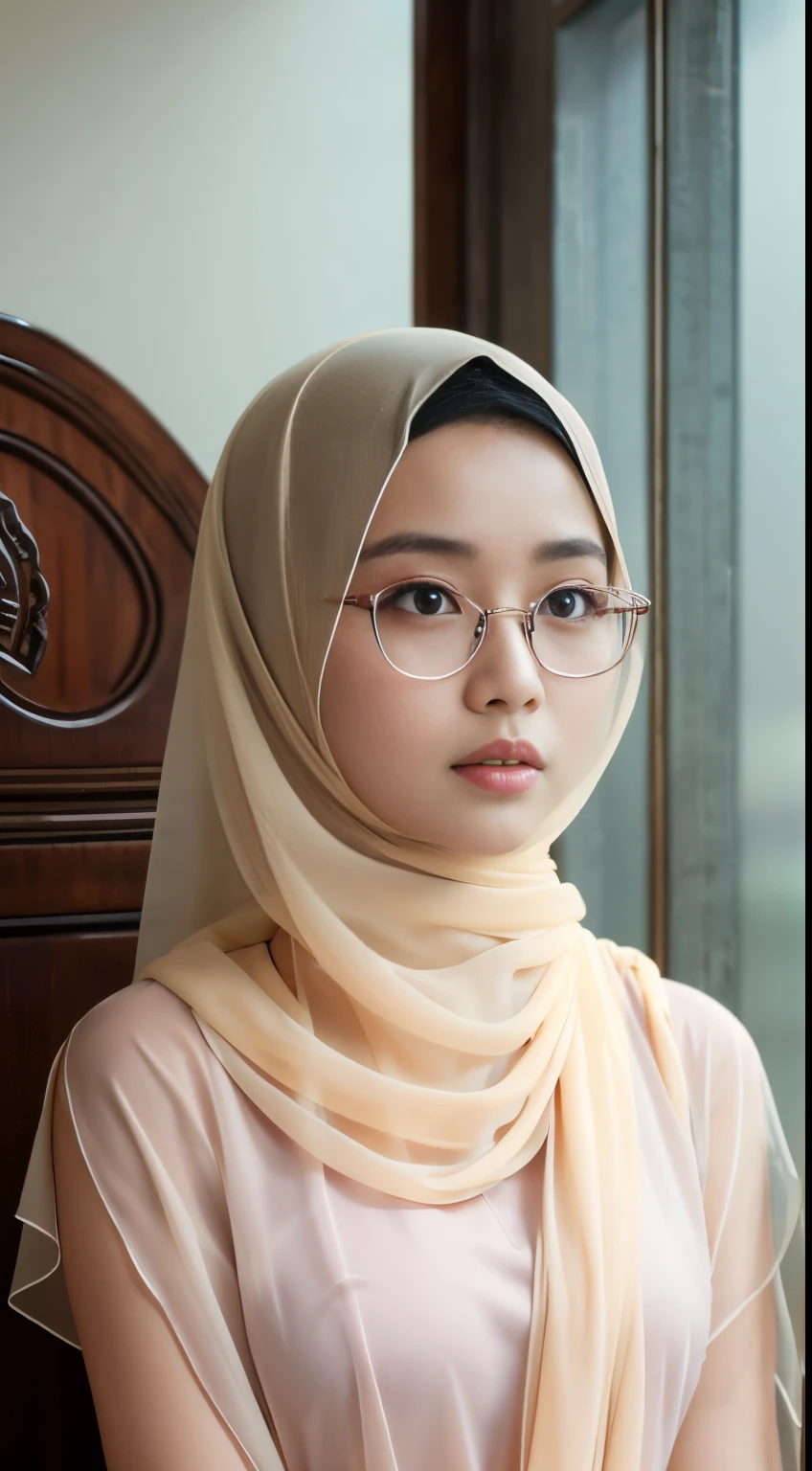 (iu:0.8), RAW, Best quality, high resolution, Masterpiece: 1.3, Beautiful glasses javanese woman in translucent hijab, Masterpiece, Perfect slim body, Beautiful big eyes, Soft smile, harem, shaved pussy