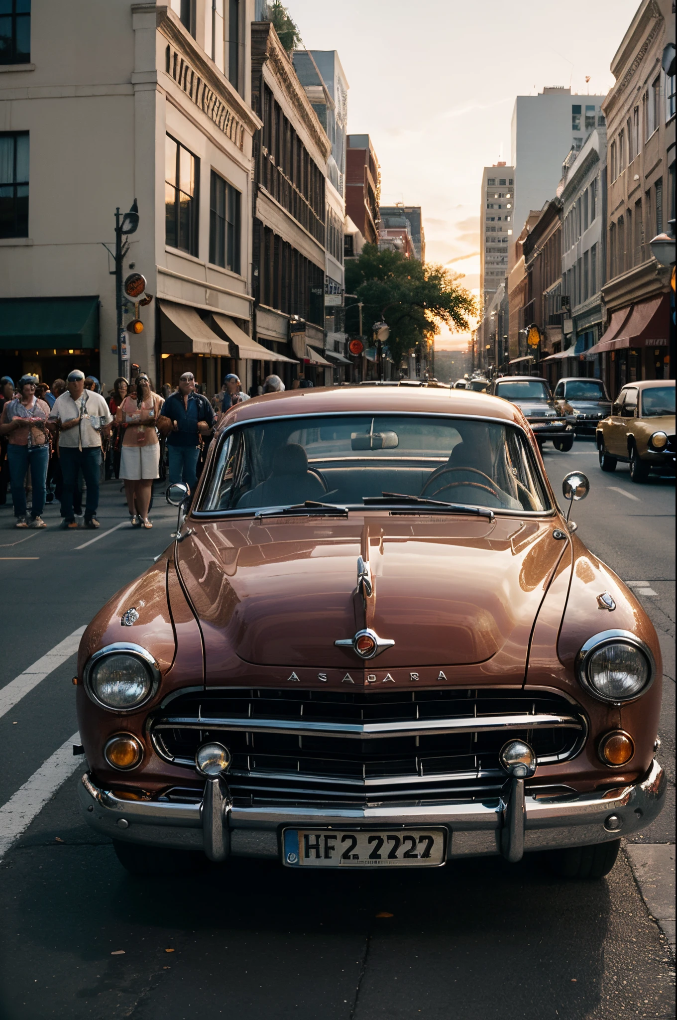 A photograph of vintage classic cars participating in a parade on the streets of Austin, Texas during a vibrant sunset, taken with a vintage film camera with a wide-angle lens.