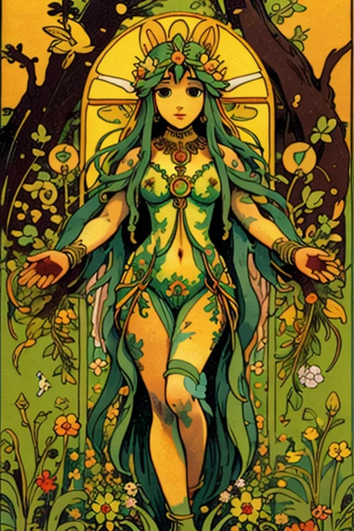 hints Copy hints tmasterpiece、topquality、Alphonse Mucha、Jugendstil、 (Tarot card style:1.3)、Unique Tarot Card Structure, including floral and green elements、Upper torso、looking at the viewers、 In the middle of a green garden、The Mysterious Girl 、Dance with Unearthly Creatures。 roses、lily、Cherry treesleaves、moss、vine、Elegant dresses, Inspired by nature、Necklace with flowers and leaves、hair ornaments、Butterflies、bird、bee、Tarot symbols, Reimagined with floral and green ornaments、godesses、Flower Garden、woods、Natural background, like a, For example, shore of the lake、Efficient use of light and shadow、 Realistic & ultra realisic, goodness