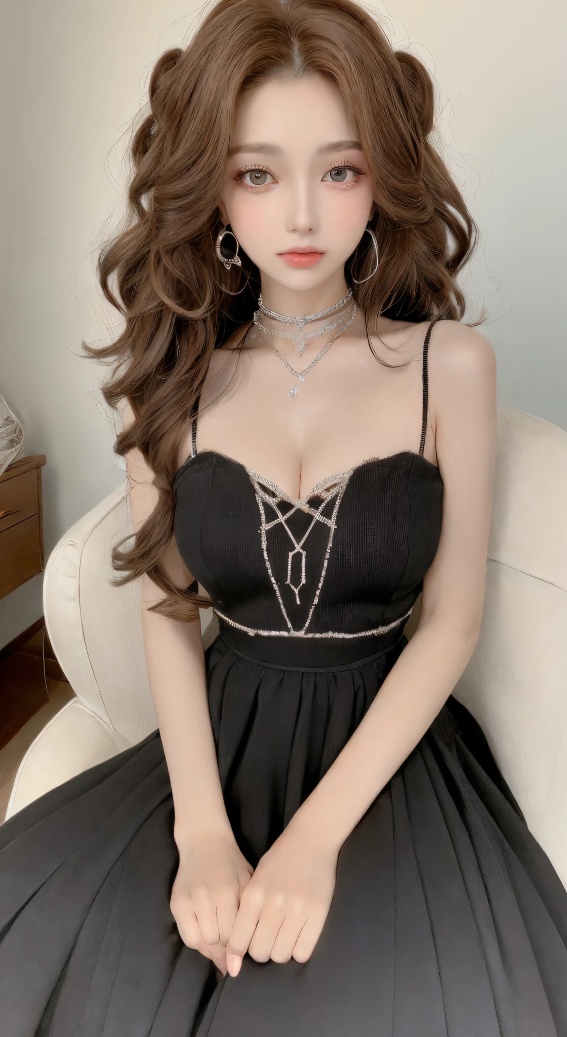 ((best qualtiy, 8K, tmasterpiece:1.3)), Focus:1.2, ((Hero Girl)) ((Dolled Up)) ((Perfect figure Beautiful Woman: 1.4)), ((Sitting On Chair)) ((Random Parted Layered Hairstyle) ((Brown Wavy Hair In Big Curls))(Protruding cleavage,Transparnet Superhero Costume :1.5,Highly Detailed Face and Skin Texture,二重まぶた,Detailed Skin,Wearing A Diamond Chocker, Looking At Camera, Zoom Out On Woman