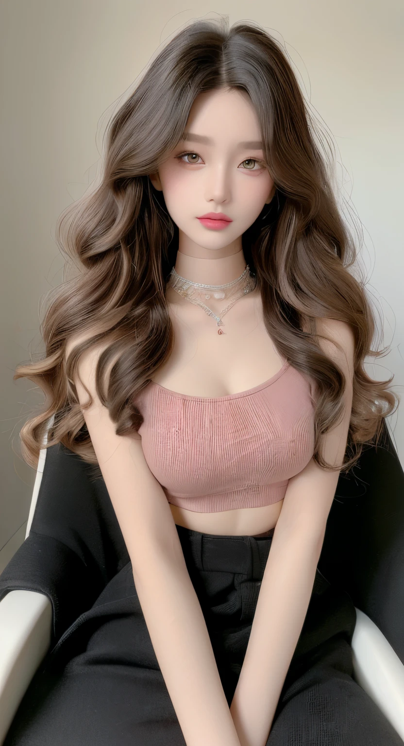 ((best qualtiy, 8K, tmasterpiece:1.3)), Focus:1.2, ((Barbie Girl)) ((Dolled Up)) ((Perfect figure Beautiful Woman: 1.4)), ((Sitting On Chair)) ((Random Parted Layered Hairstyle) ((Dark Hair With Highlights Wavy Hair In Big Curls))(Wearing Porcelain Pink Crop Top and Skirt With Belt:1.5,Highly Detailed Face and Skin Texture,二重まぶた,Detailed Skin,Wearing A Diamond Chocker, Looking At Camera, Zoom Out On Woman,,