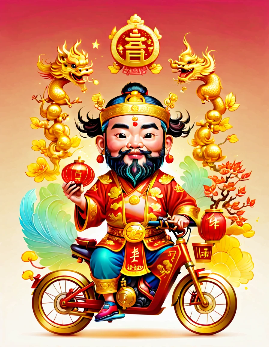 pixar style, (long shot: 1.8), (Chinese - chic Chinese mythological God of Wealth, anatomically correct, oriental elements), (a cute God of Wealth riding an e-bike with a gold ingot in his hand, Treasures Follow), (China - Stylish Illustration: 1.5, Vector Drawing: 1.5), (Chinese Colors, Advanced Color Matching, Gradient Background, White Background: 1.5), (Very Detailed, Well Designed, Clear Lines, High Definition, Best Quality, Masterpiece, Official Art, Cinematic Lighting Effects, 8K)