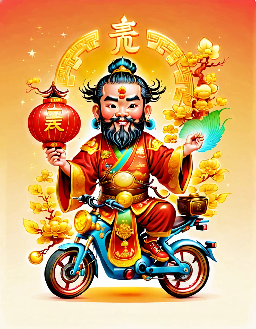pixar style, (long shot: 1.8), (Chinese - chic Chinese mythological God of Wealth, anatomically correct, oriental elements), (a cute God of Wealth riding an e-bike with a gold ingot in his hand, Treasures Follow), (China - Stylish Illustration: 1.5, Vector Drawing: 1.5), (Chinese Colors, Advanced Color Matching, Gradient Background, White Background: 1.5), (Very Detailed, Well Designed, Clear Lines, High Definition, Best Quality, Masterpiece, Official Art, Cinematic Lighting Effects, 8K)
