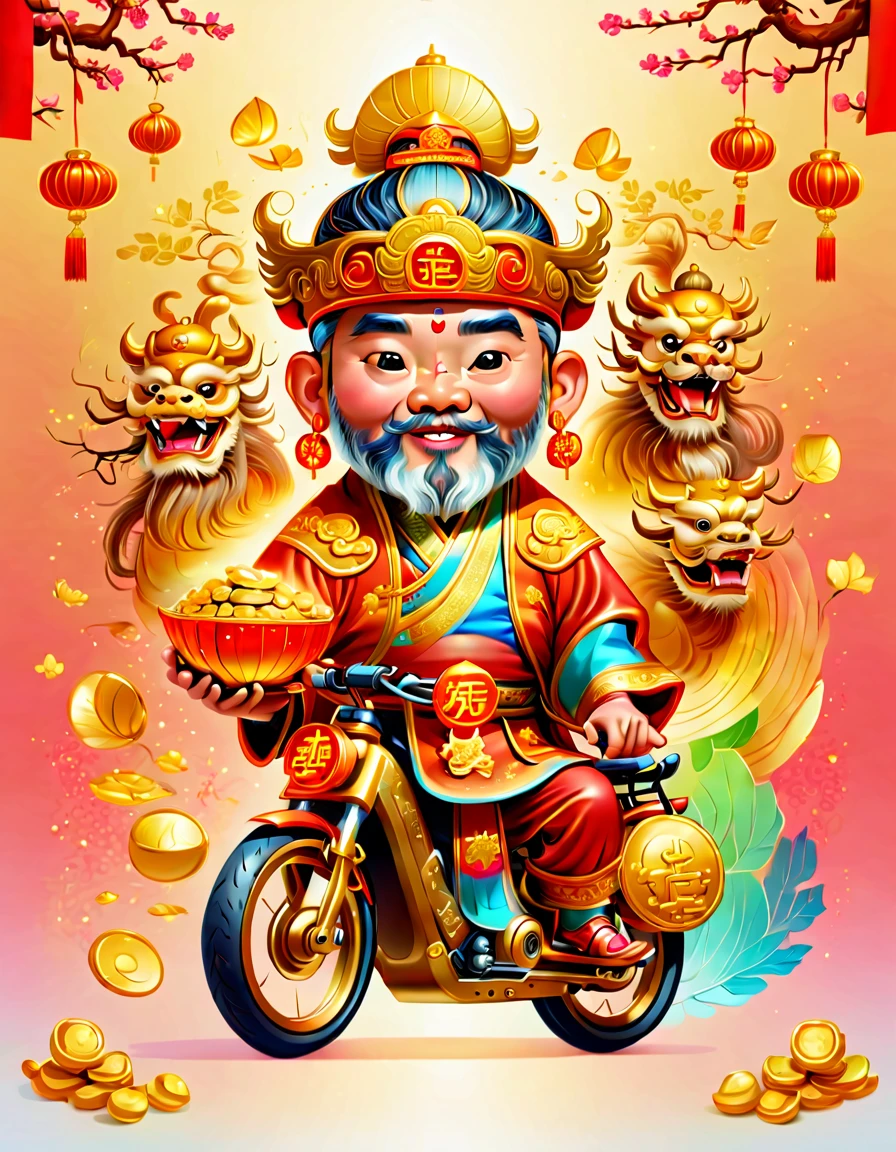pixar style, (long shot: 1.8), (Chinese - chic Chinese mythological God of Wealth, anatomically correct, oriental elements), (a cute God of Wealth riding an e-bike with a gold ingot in his hand, Treasures Follow), (China - Stylish Illustration: 1.5, Vector Drawing: 1.5), (Chinese Colors, Advanced Color Matching, Gradient Background, White Background: 1.5), (Very Detailed, Well Designed, Clear Lines, High Definition, Best Quality, Masterpiece, Official Art, Cinematic Lighting Effects, 8K)