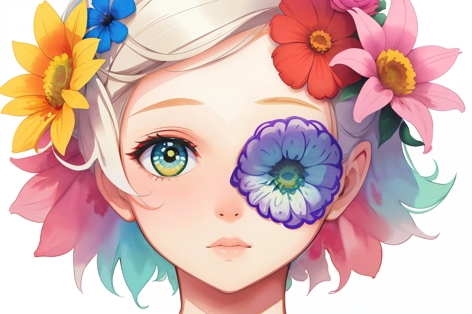 Create a fine line image of a brain with flowers, com o efeito aquarela ao fundo
