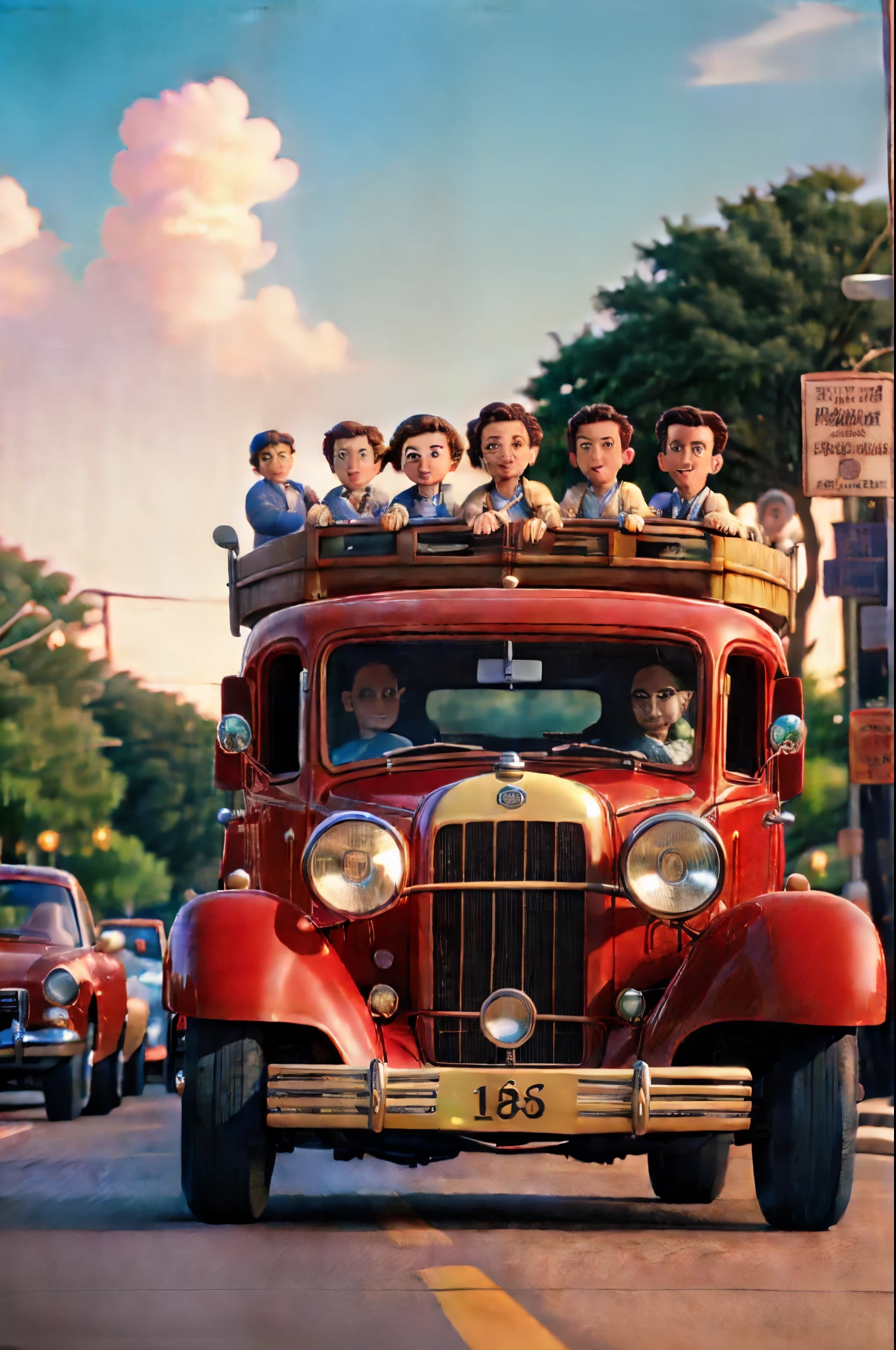 A photograph of vintage classic cars participating in a parade on the streets of Austin, Texas during a vibrant sunset, taken with a vintage film camera with a wide-angle lens.