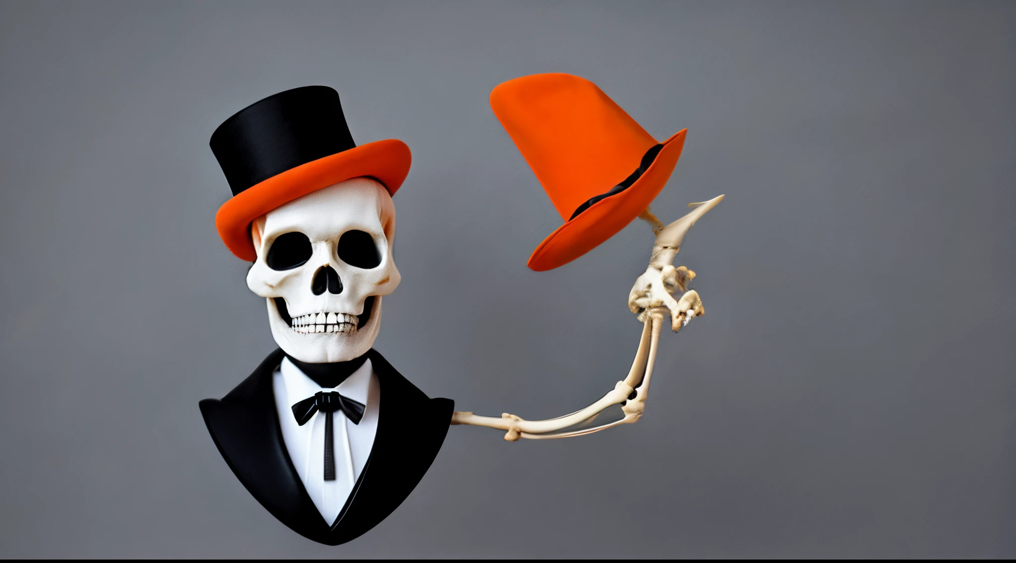 A logo of an orange skeleton in a top hat