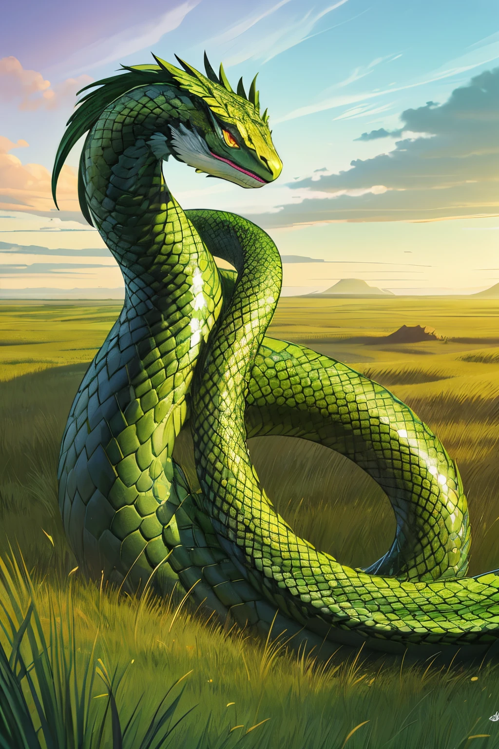 The Verdant Prairie Serpent is a better spiritual origin of the vast basins and lush forests of Kaija. Its slender, scaly body is adorned with vibrant green fur, camouflaging itself perfectly among the tall prairie grasses. As it evolves, its scales become more resistant and its body acquires a unique luminosity, reflecting the vitality of nature.