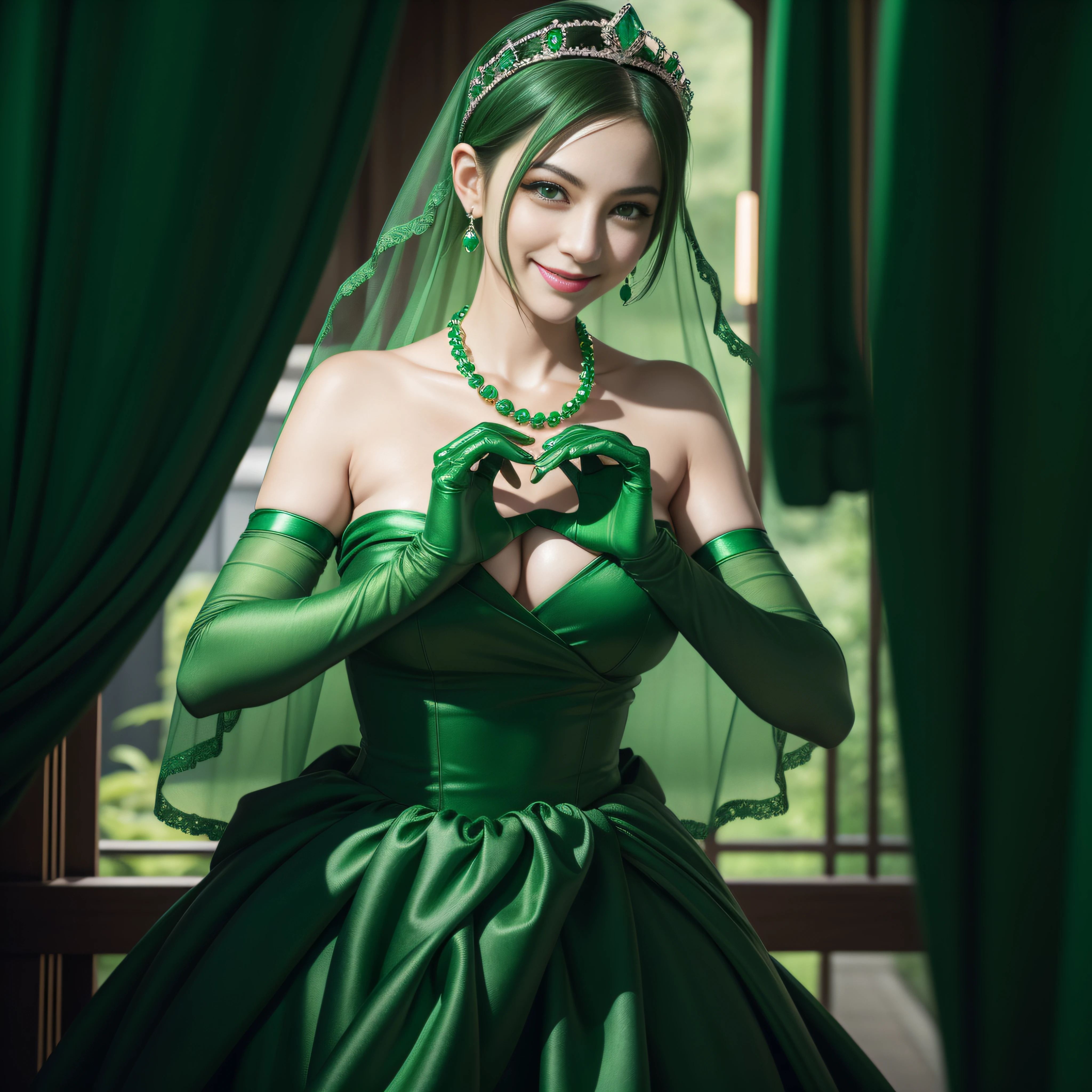 emerald tiara, Green Pearl Necklace, Boyish very short green hair, lipsticks, Japan woman smiling, very short short hair, big breasts beautiful, Green eyes, Long green gloves made of satin material, Green eyes, Emerald Earrings, green vale, Heart with both hands