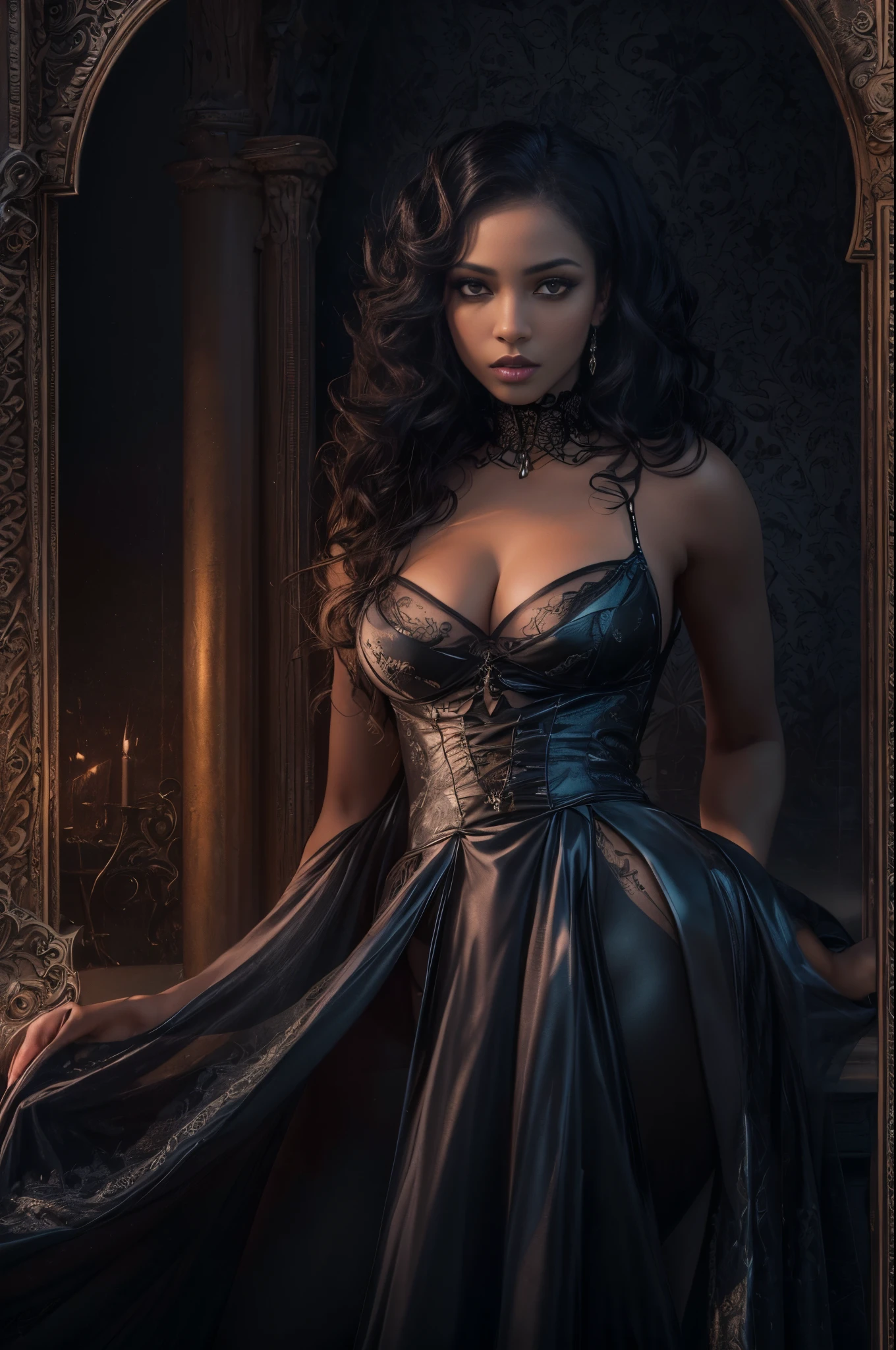 (best quality, 4k, 8k, highres, masterpiece:1.2), ultra-detailed, (realistic,photorealistic,photo-realistic:1.37), gorgeous light skin black woman, seductive gaze, elegant posture, gothic background, sensual beauty, glamorous fashion, black gothic gown, pantyhose, dark colors, moody lighting, full body pose