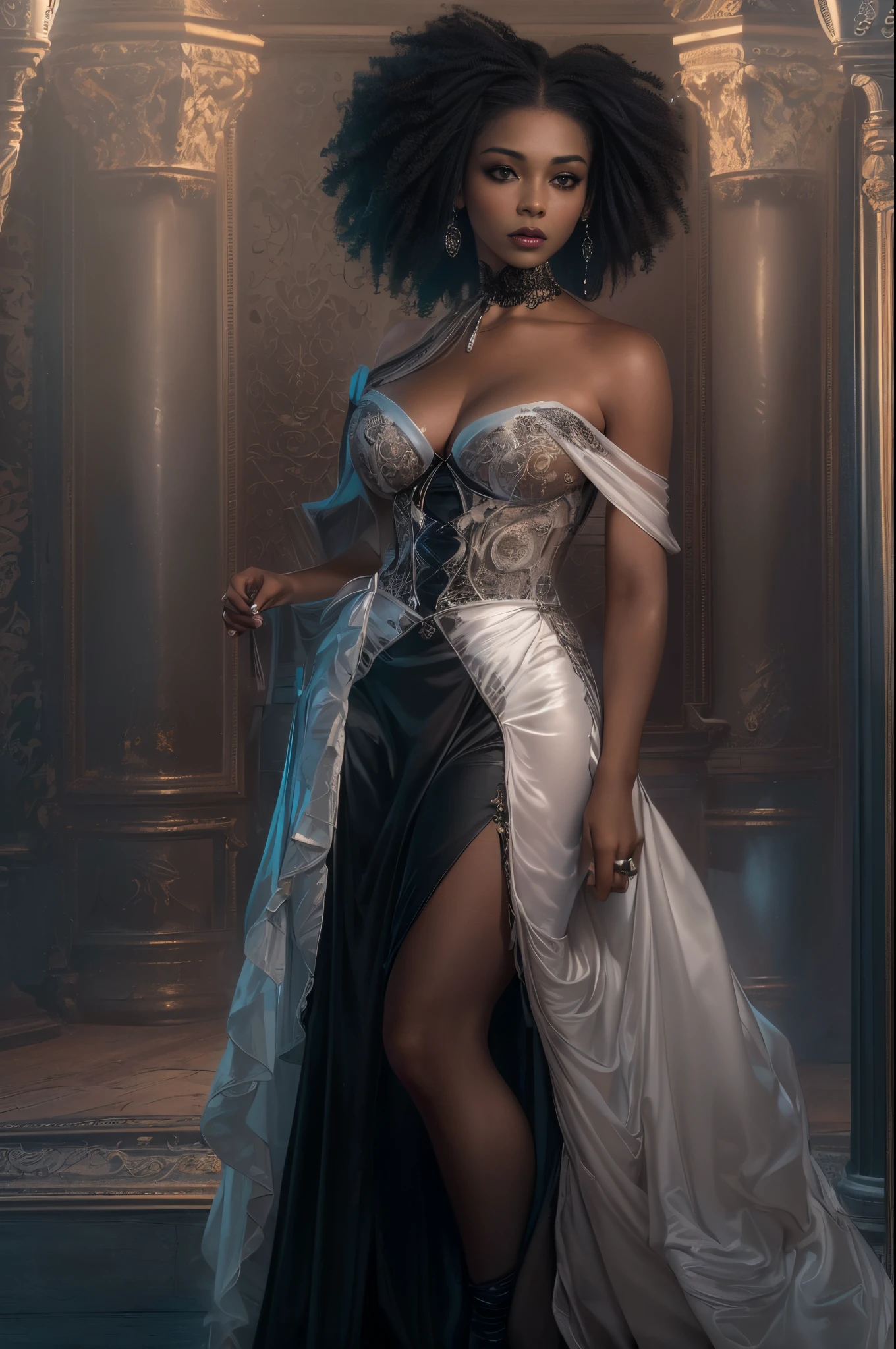 (best quality, 4k, 8k, highres, masterpiece:1.2), ultra-detailed, (realistic,photorealistic,photo-realistic:1.37), gorgeous light skin black woman, seductive gaze, elegant posture, gothic background, sensual beauty, glamorous fashion, black gothic gown, pantyhose, dark colors, moody lighting, full body pose