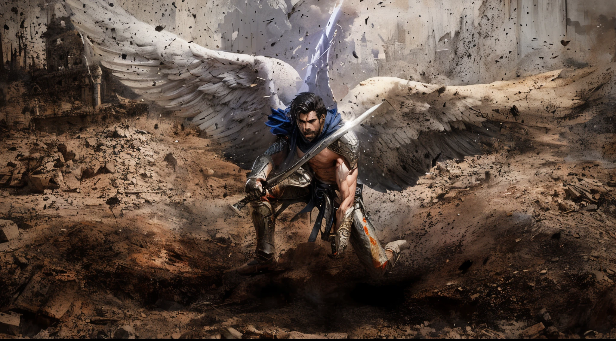 A MALE ANGEL WITH WINGS AND A SWORD IN A WAR SETTING