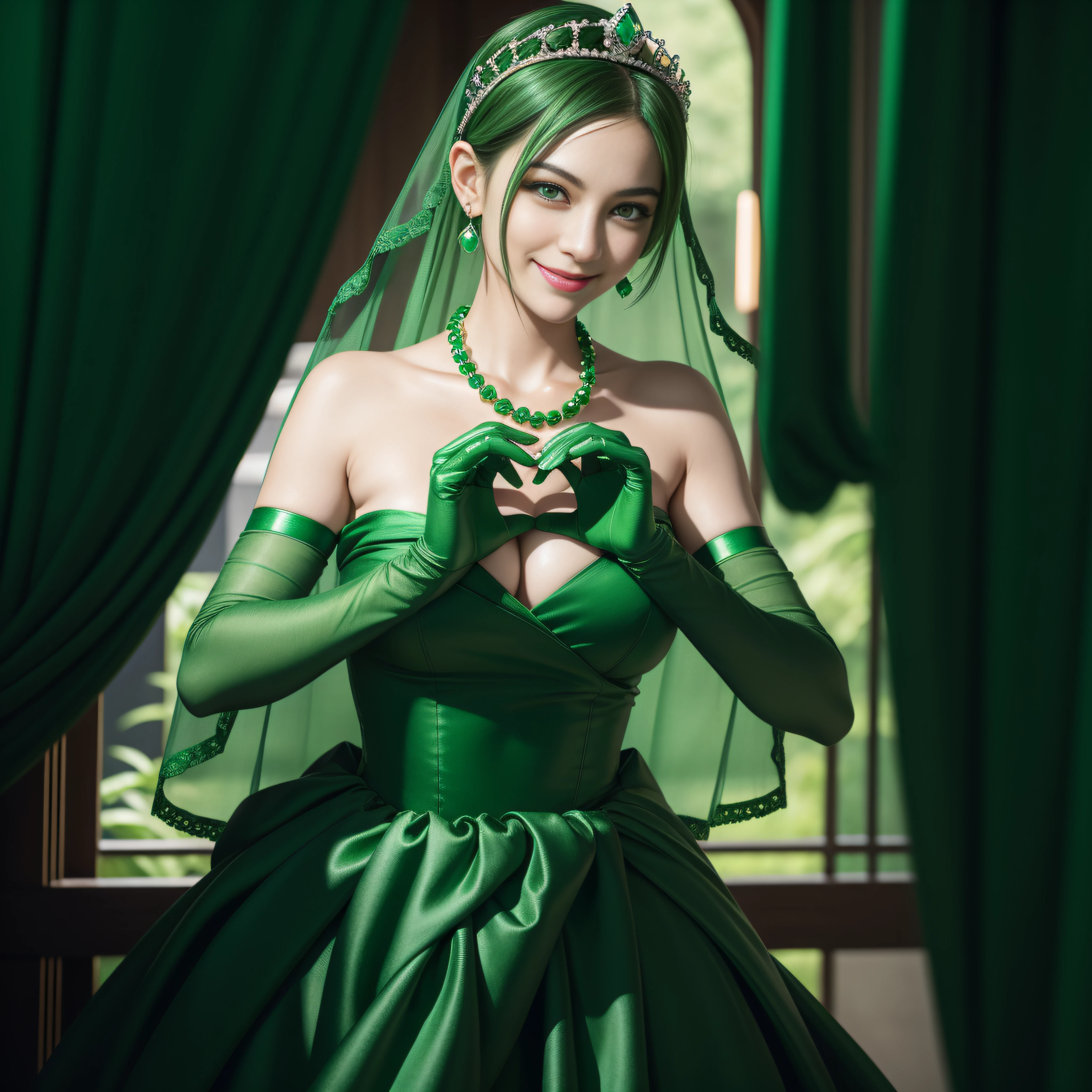 emerald tiara, Green Pearl Necklace, Boyish very short green hair, lipsticks, Japan woman smiling, very short short hair, big breasts beautiful, Green eyes, Long green gloves made of satin material, Green eyes, Emerald Earrings, green vale, Heart with both hands