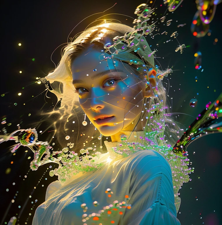 there is a woman with a glowing glass head and a glowing glass body, amazing particles pulling out of the glass head and body, like droplets of glass floating, 8k highly detailed digital art, intricate artwork, octane render, mind-bending digital art, breathtaking digital art, 3d digital art, 8k hd wallpaper, volumetric lighting, highly reflective glass particles