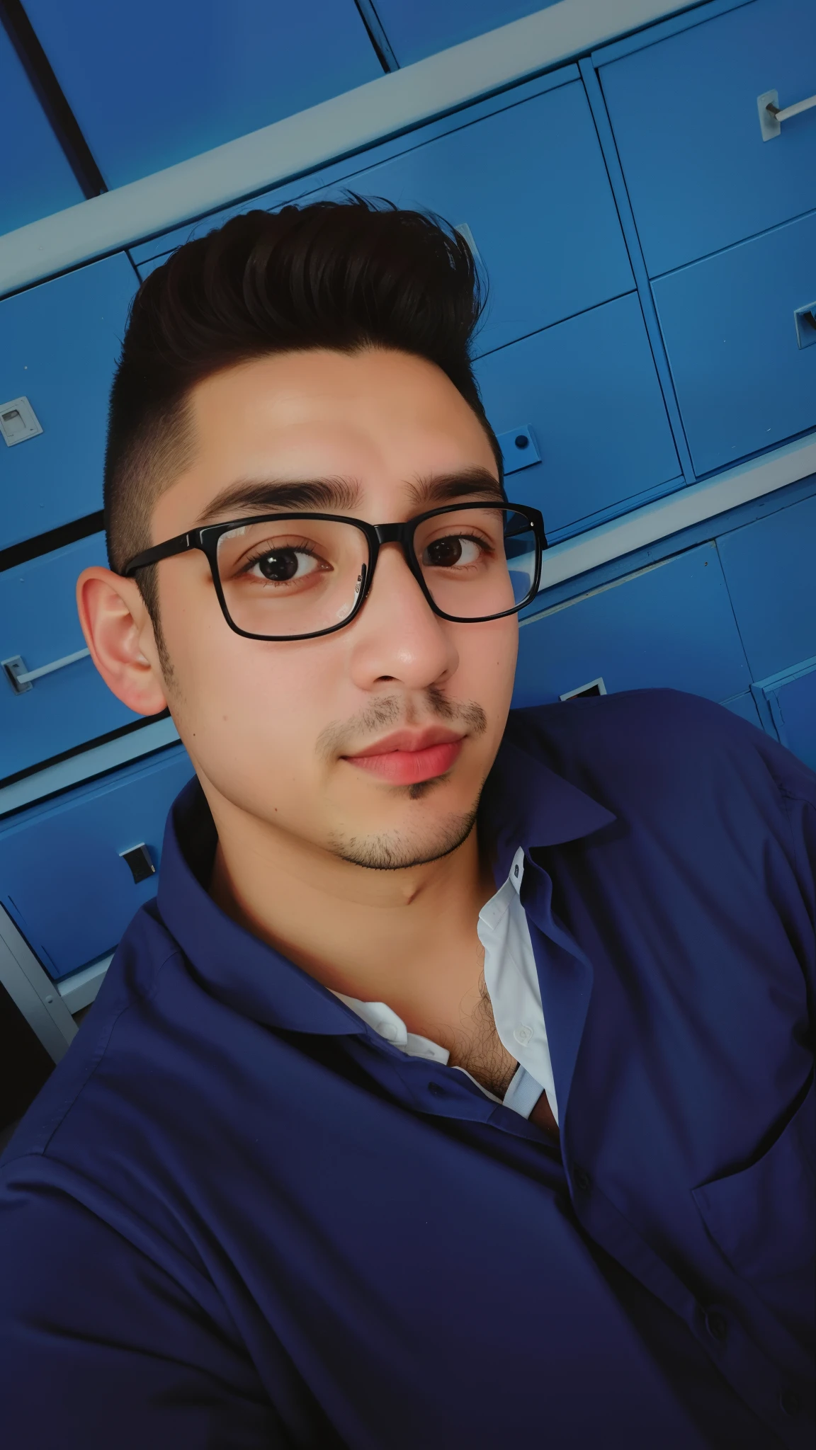 Hombre arafed con gafas y camisa azul sentado frente a un gabinete azul, around 1 , imagen de muy muy muy baja calidad, 2 7 years old Orrillo, Foto de baja calidad, foto de la cabeza, 2 3 years old, andres ri perfil de la foto de cabeza, taken in the early 2020s, 2 8 years old, imagen