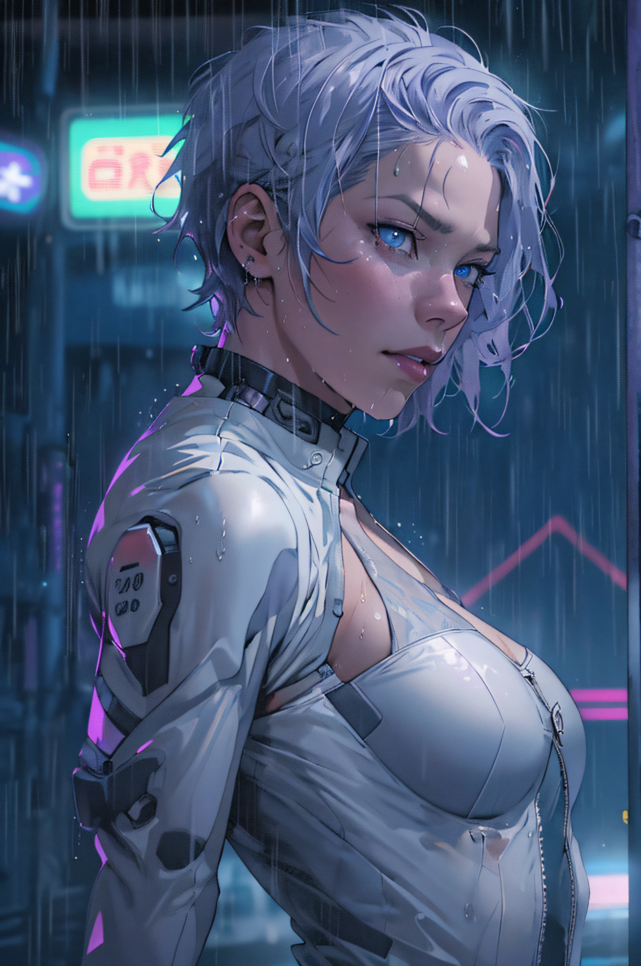 Woman 30 years (Lea Seydoux pov), lying on the street, short white hair, sidecut hair, tight sexy white swinsuit, cibernetic accessories, black tight shorts, unbuttoned cyberpunk white jacket, no buttons, beautiful face, super detail eyes, perfect eyes, medium breasts, wet and soft, close, sensual pose, fiery and lascivious wanting more, view from above, nice thighs, blue eyes, purple lipstick, wet skin, wet hair, rain, neon lights, cyberpunk, intense storm nighttime scenarium