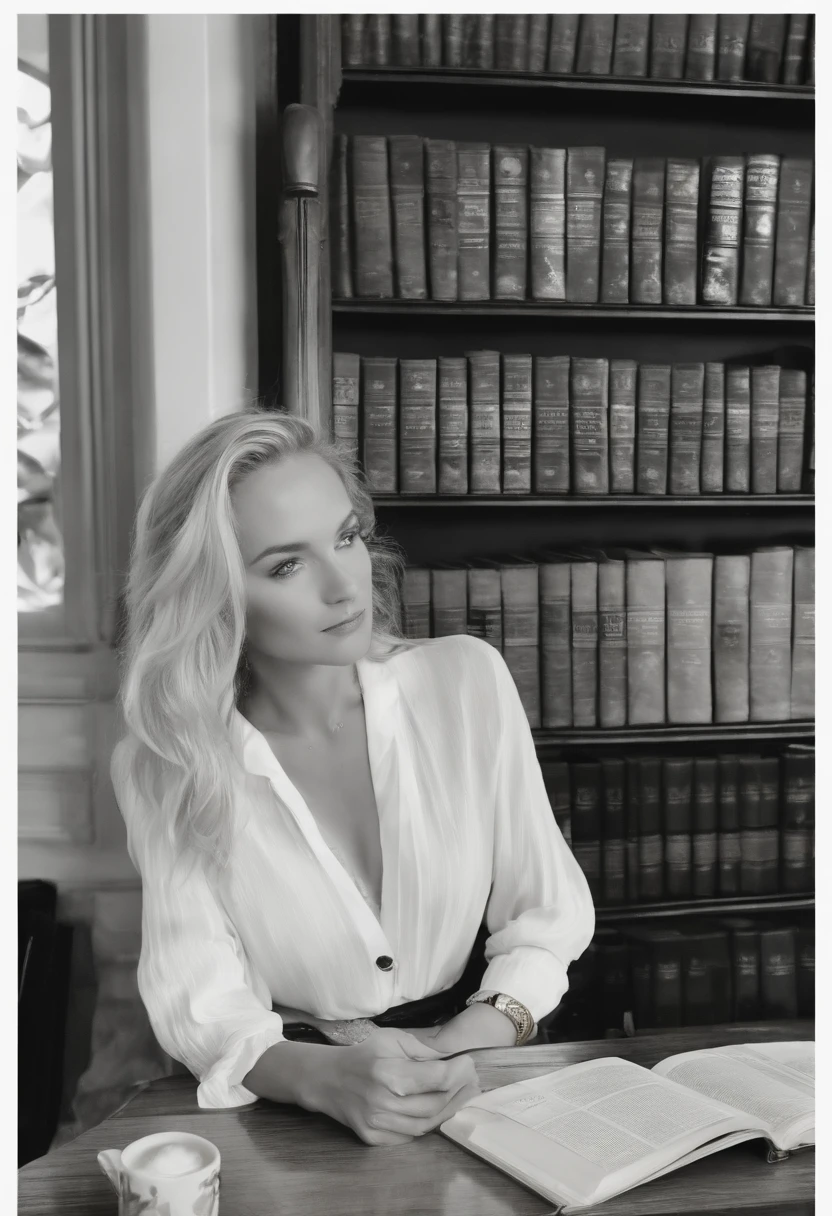 The image is a close-up shot of Olivia sitting at a table in a cozy library, with a stack of classic novels and a cup of black coffee in front of her.,The White Lotus,Olivia, a character from “The White Lotus,” is 20 years old. She has a cool, composed exterior, marked by her stylish, casual beachwear and sharp, minimalist accessories that reflect her affluent background. She has a slender build with perfect big breasts and a gaze that often oscillates between disinterest and sharp observation, embodying a certain aloofness and sophistication beyond her years.
