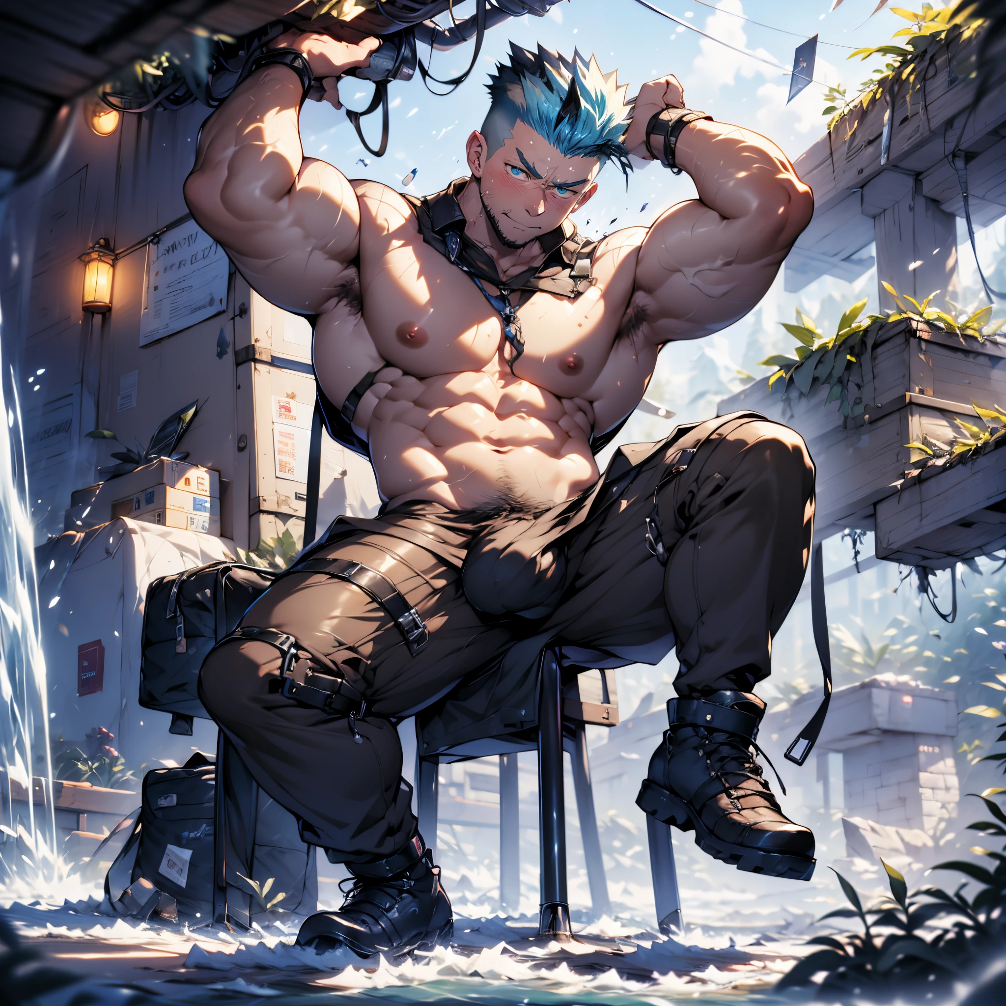 archaeological floating metalic black dungeon circuit lights effects, skyrocket rocks ground covered moss, undercut, faux hawk, icy blue hair, manly kawaii moe babyface alpha male seeker rescue pull-ups to show hairless armpit, perfecteyes, futuristic robotics tactical hentai worrier suits and boots on shirtless muscular creamy body, majestically straddling huge shaft of manhood, elevate skyrocketing crotch, elevate buttocks, muscular manly alpha male stretch board legs, meaty thigh, solo, trending on pixiv, high resolution kawaii moe anime 8K