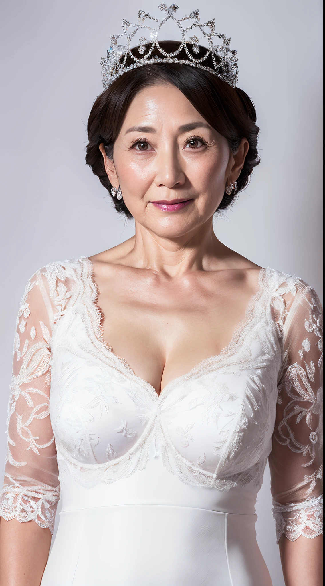 Remove Background, gravure, facing front, Wearing a tiara, from the chest up, masterpiece, Best Quality, Ultra-detailed, Photorealistic, super detailed skin, Perfect Anatomy, (1 japanese mature woman), (Solo), 95 years old, Large breasts, Mature Woman Politician, glamor, A sexy, Chromo-white skin, Looking at Viewer