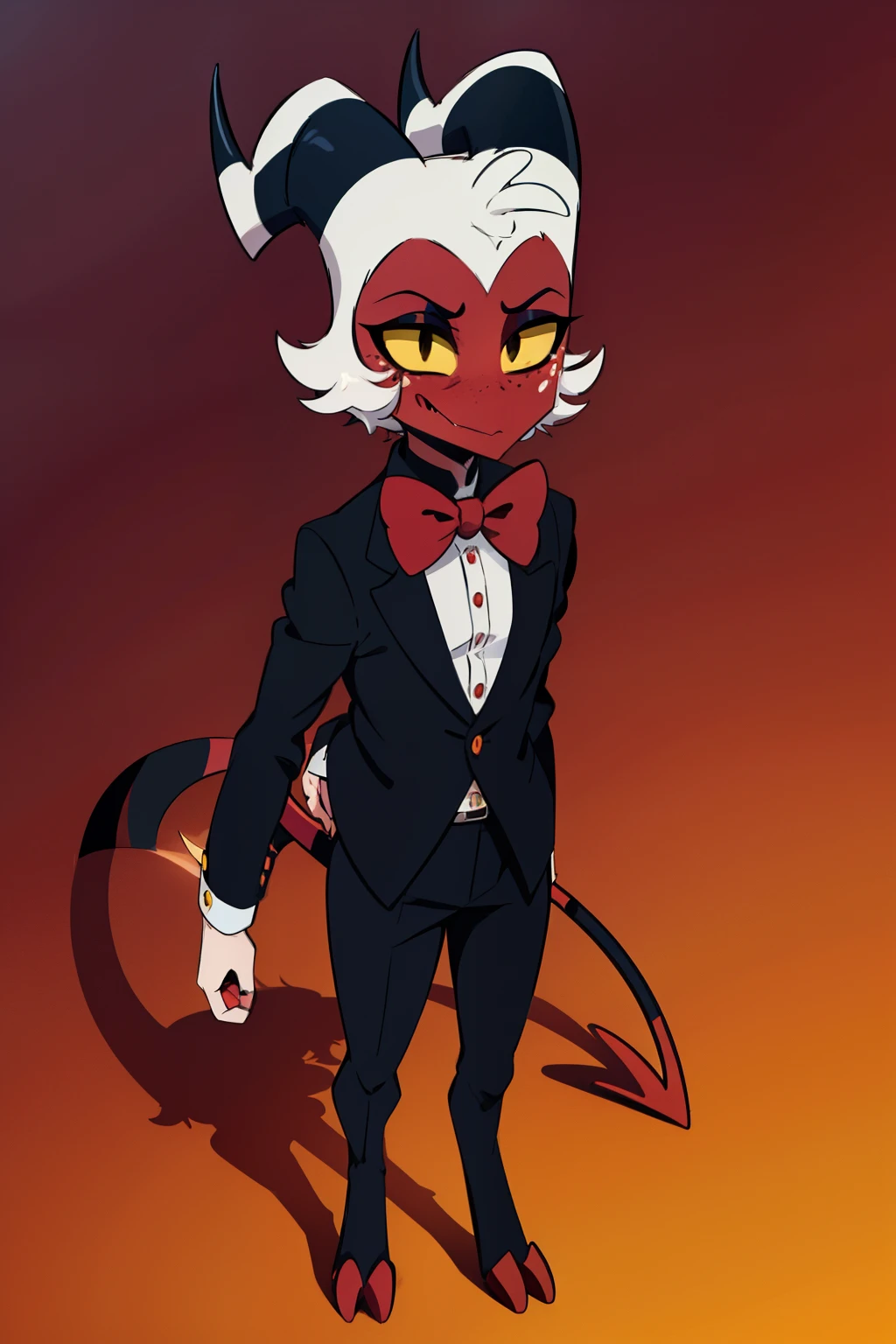 Moxxie, 1boy, black suit, red bow tie, demon boy, red skin, yellow eyes, yellow sclera, no nose, noseless, demon horns, demon/spade tail, striped tail, red/black eyeshadow, white freckles, red/black hooves, perfect anatomy, solo