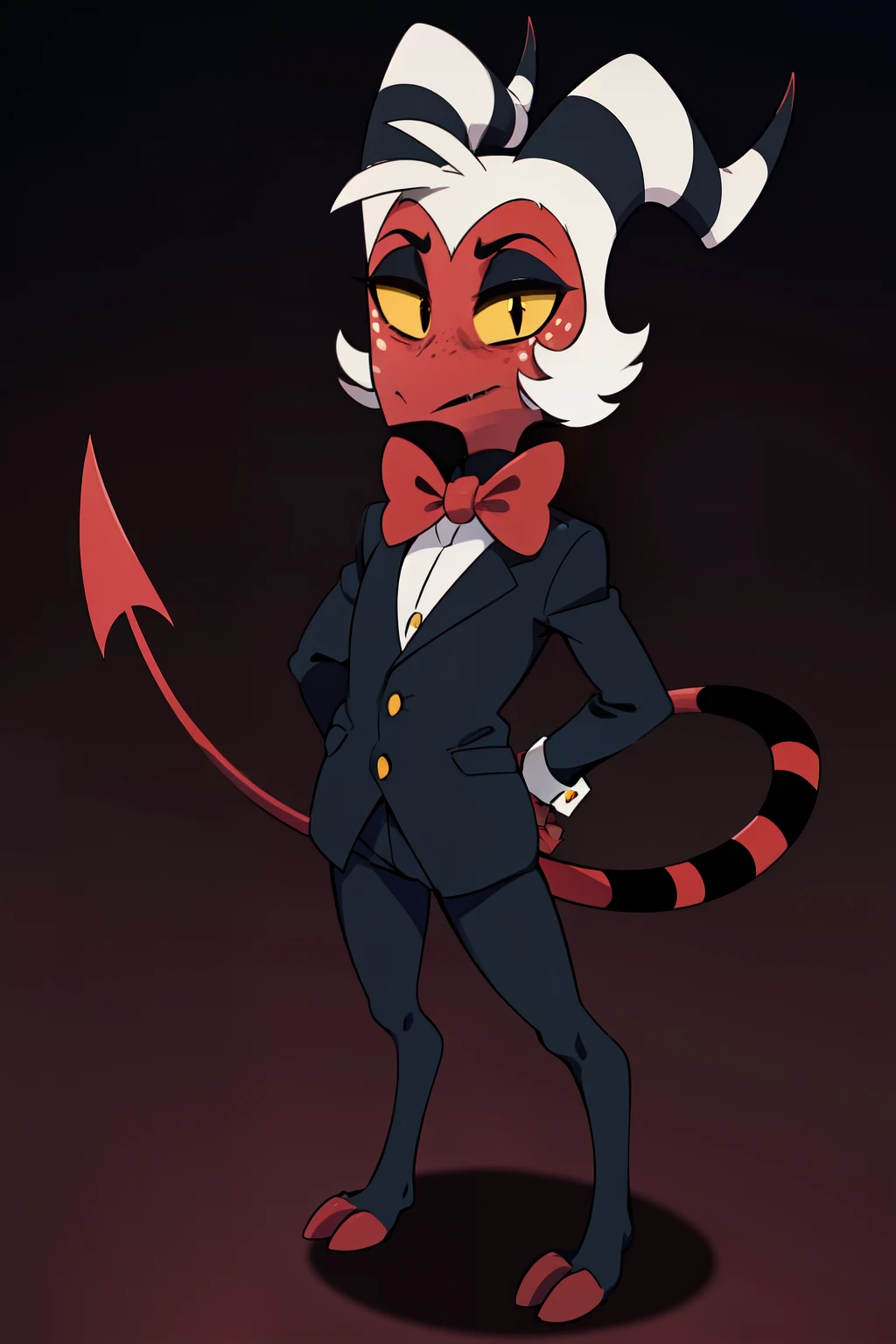 Moxxie, 1boy, black suit, red bow tie, demon boy, red skin, yellow eyes, yellow sclera, no nose, noseless, demon horns, demon/spade tail, striped tail, red/black eyeshadow, white freckles, red/black hooves, perfect anatomy, solo