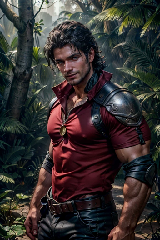um homem com cabelo preto comprido, olhos azuis, barba, sorridente, peitoral forte, corpo viril e sexy, wearing red shirt and black pants, Estilo da era vitoriana, ao fundo, carruagem cigana em uma floresta, Daeni Estilo Pin, [Daniel F. Estilo Gerhartz::0.5], Imagem UHD, Alugar, 8k, photo-realistic, Epic lighting, Sharp, Realistic, Romantic, foco,