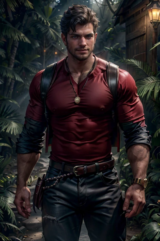 um homem com cabelo preto comprido, olhos azuis, barba, sorridente, peitoral forte, corpo viril e sexy, wearing red shirt and black pants, Estilo da era vitoriana, ao fundo, carruagem cigana em uma floresta, Daeni Estilo Pin, [Daniel F. Estilo Gerhartz::0.5], Imagem UHD, Alugar, 8k, photo-realistic, Epic lighting, Sharp, Realistic, Romantic, foco,