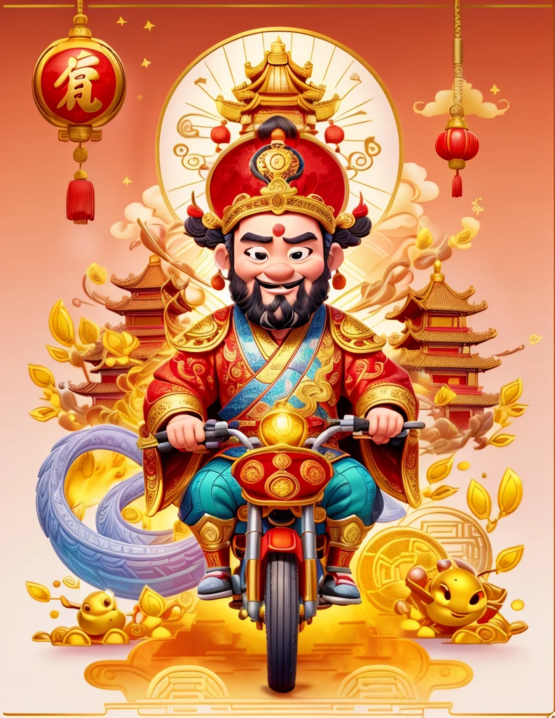 pixar style, (long shot: 1.8), (Chinese - chic Chinese mythological God of Wealth, anatomically correct, oriental elements), (a cute God of Wealth riding an e-bike with a gold ingot in his hand, Treasures Follow), (China - Stylish Illustration: 1.5, Vector Drawing: 1.5), (Chinese Colors, Advanced Color Matching, Gradient Background, White Background: 1.5), (Very Detailed, Well Designed, Clear Lines, High Definition, Best Quality, Masterpiece, Official Art, Cinematic Lighting Effects, 8K)