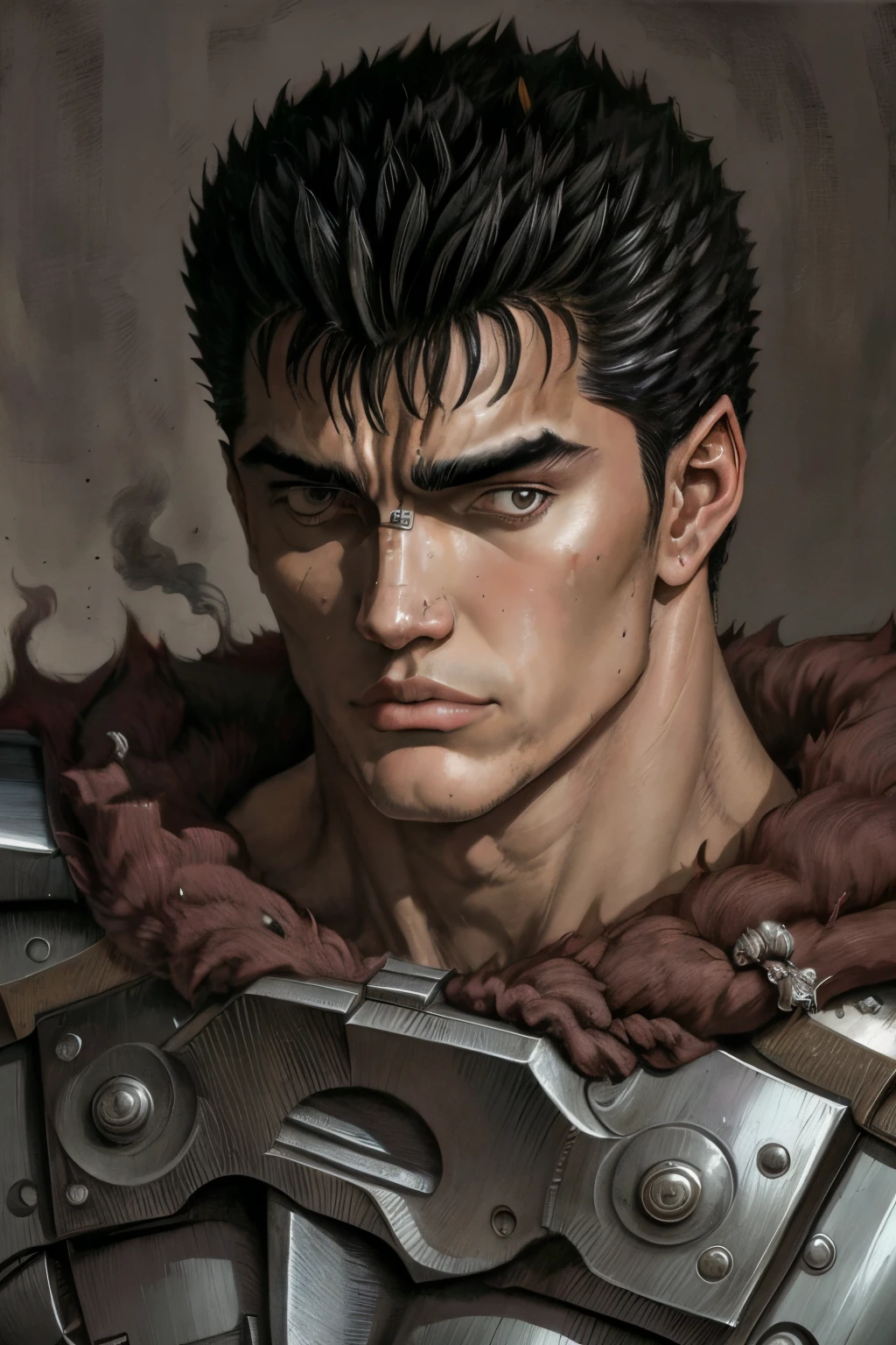 Retrato de \(Guts de Berserk\), obra prima, melhor qualidade, Um Menino, cabelos pretos, Cabelos curtos, Musculatura, Cicatrizes, Ver visualizador, capa negra, Grande Espada, Rolamento, Plano de fundo sangue, fundo vermelho, (primeiro plano:1.1), (Traditional media), Armadura de ombro,Furioso, um cigarro na boca