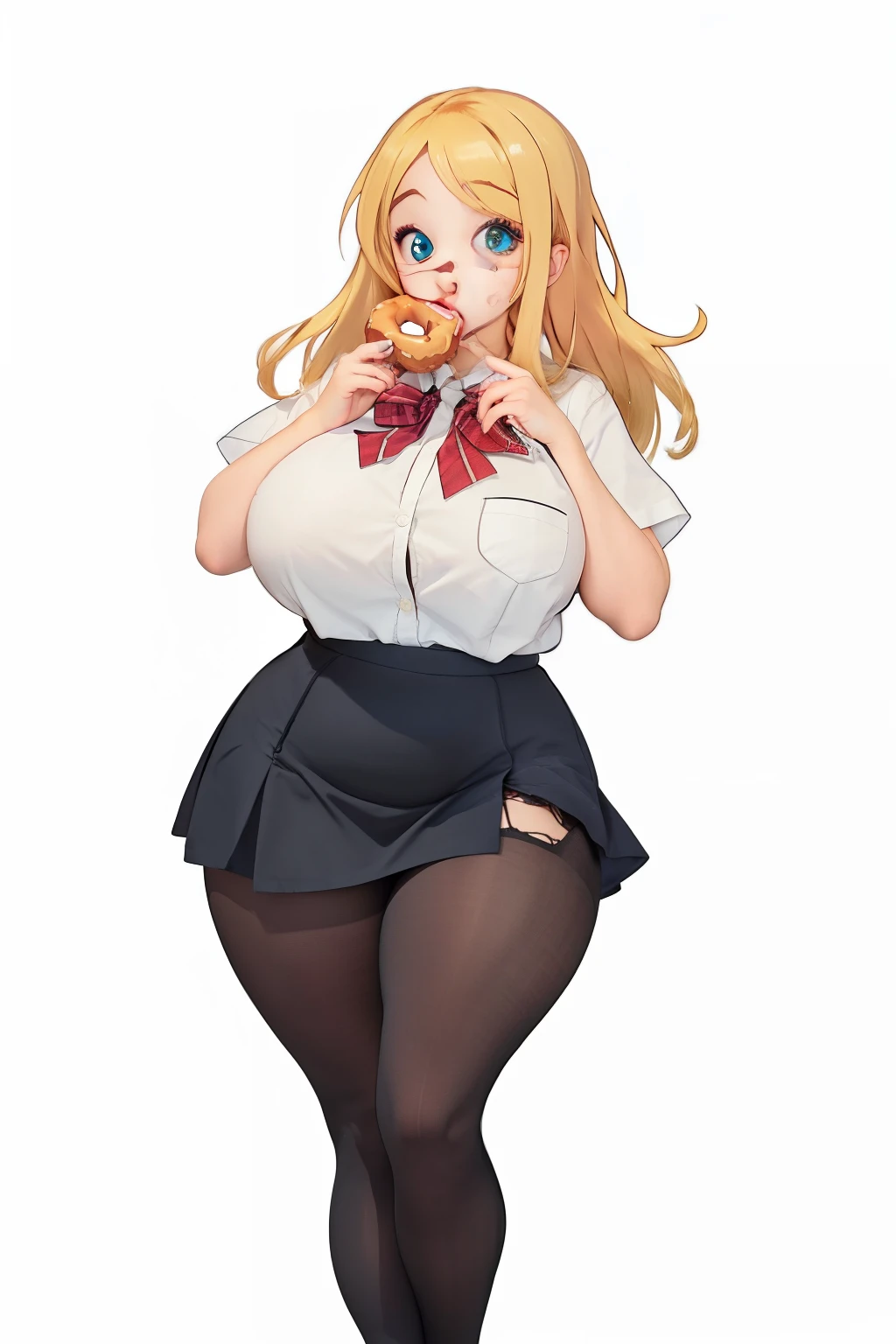 masterpiece, (photorealistic), (8k wallpaper) , (best quality), perfect quality, solo, (detailed eyes:0.9), girl, blonde, very young, face : (very young, European, eating donut, very beautiful face, plump face, young). figure : (full figure, curvy, chubby, fat rolls, very soft, big breasts, sexy, sexy pose, fat thighs). clothes: (tight black short miniskirt, tight school uniform, ripped tights, fishnet ).