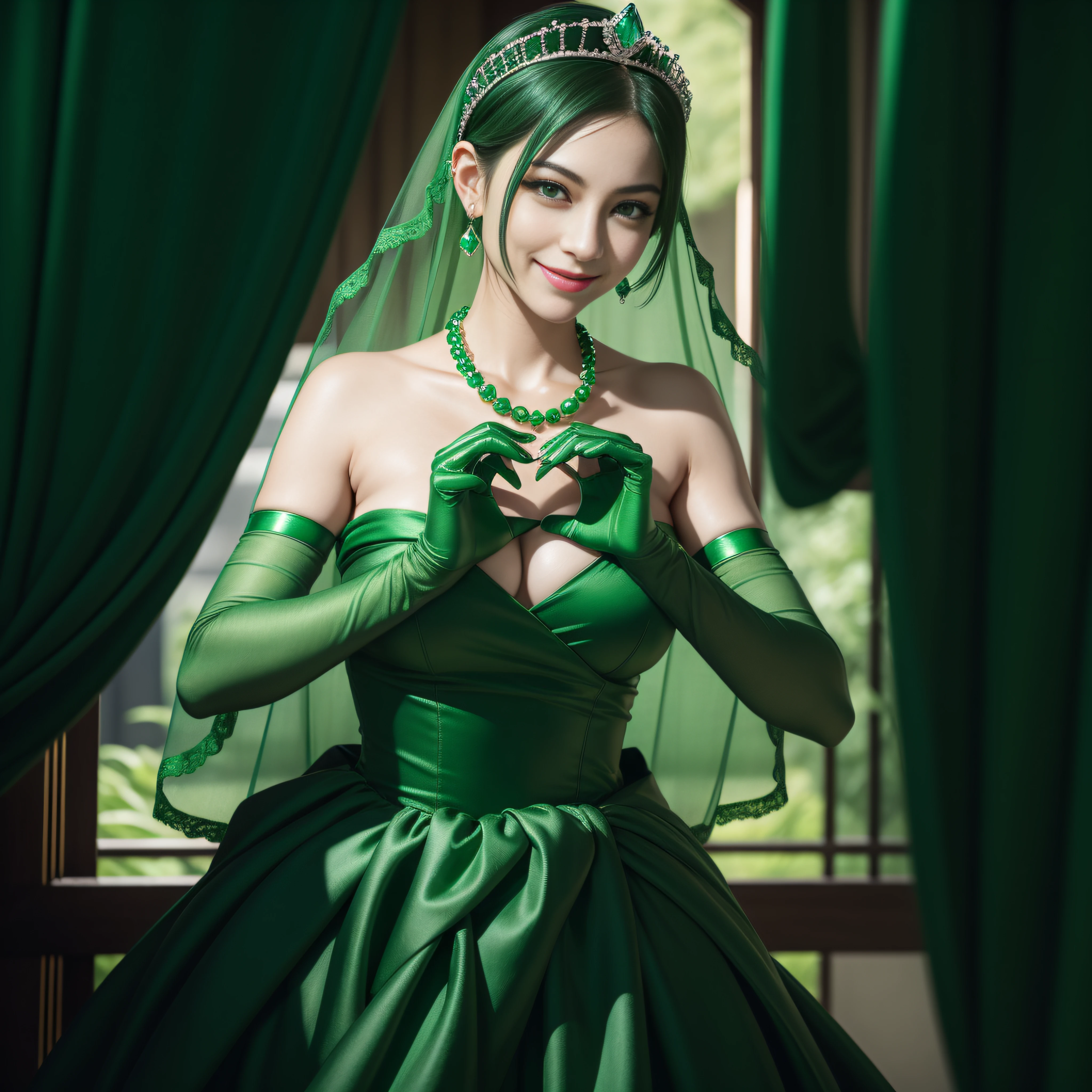 emerald tiara, Green Pearl Necklace, Boyish very short green hair, lipsticks, Japan woman smiling, very short short hair,  big breasts beautiful, Green eyes, Long green gloves made of satin material, Green eyes, Emerald Earrings, green vale, Heart with both hands