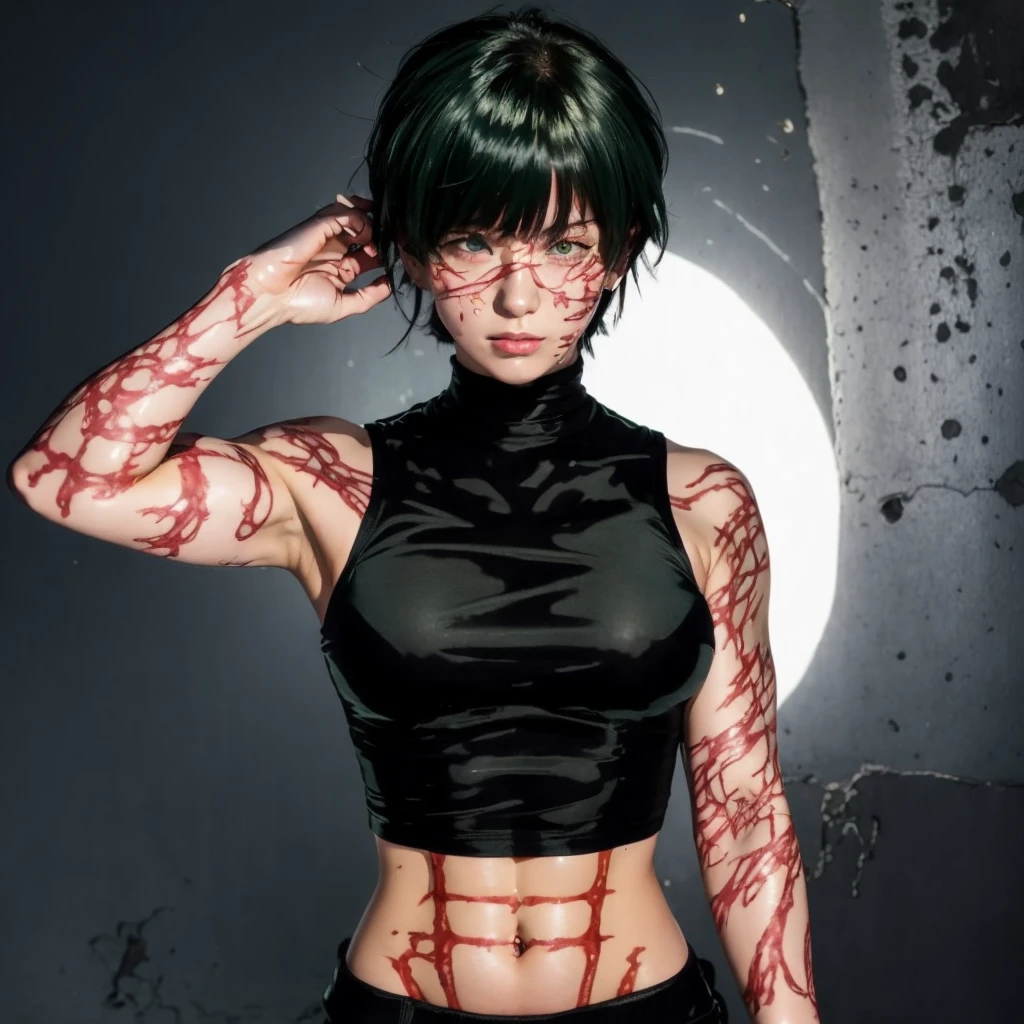 1girl, maki zenin in anime jujutsu kaisen, short hair , green hair, eyes, white blindfold , muscular, lots of scars, beautiful eyes, beautiful, black clothes, realistic clothes, detail clothes, city background, ultra detail, realistic