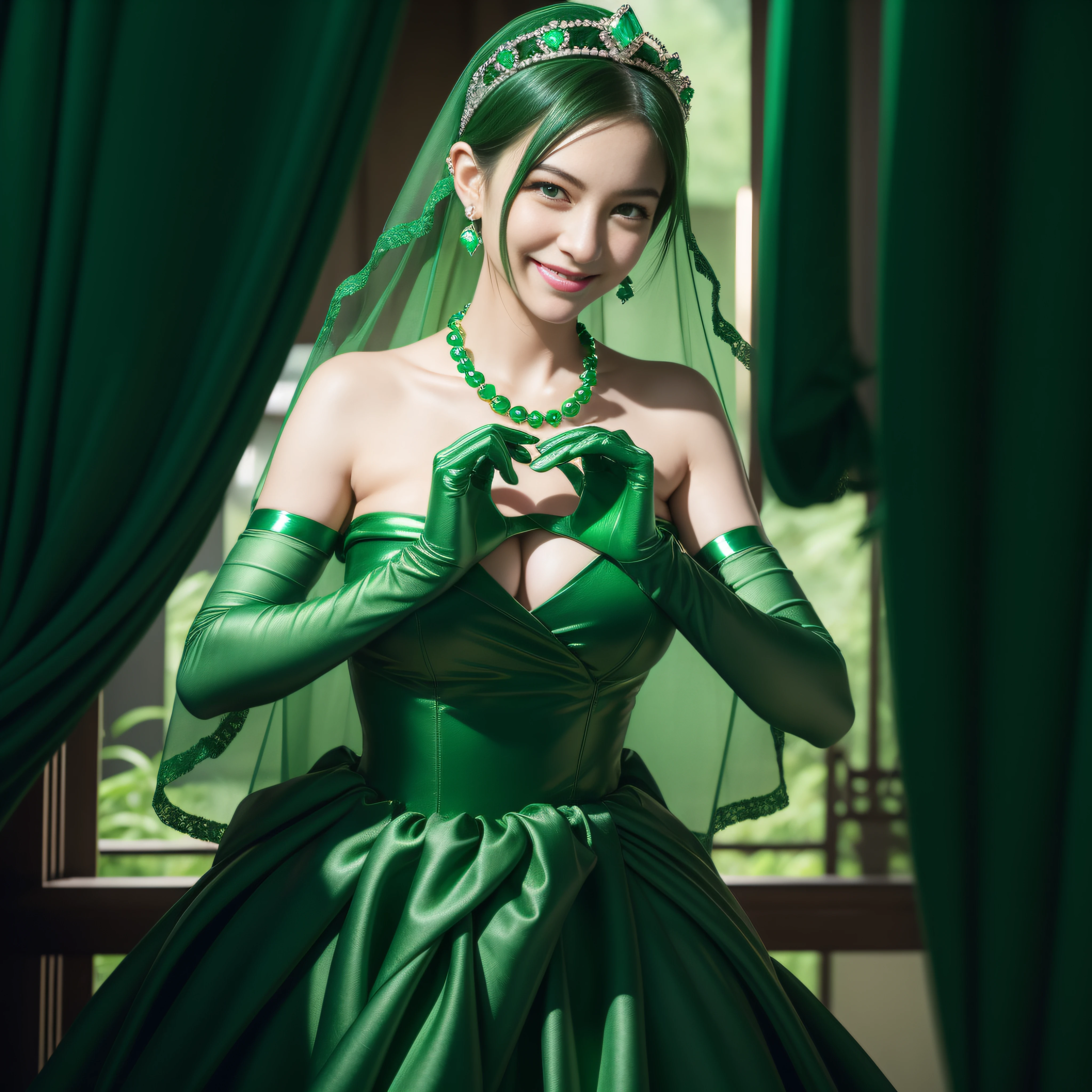 emerald tiara, Green Pearl Necklace, Boyish very short green hair, lipsticks, Japan woman smiling, very short short hair,  big breasts beautiful, Green eyes, Long green gloves made of satin material, Green eyes, Emerald Earrings, green vale, Heart with both hands