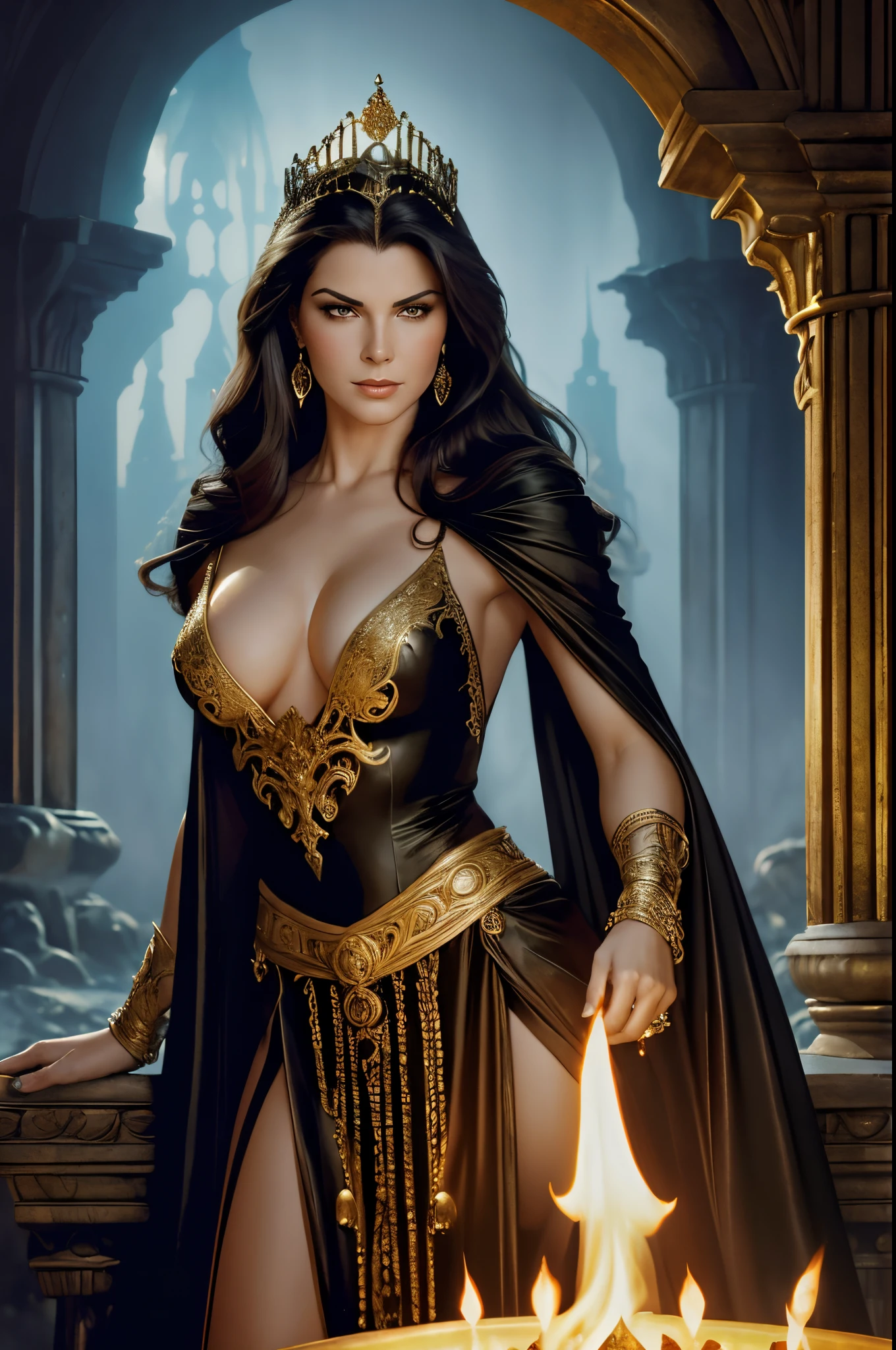 ((Realistic:1.5)),((best quality)), ((master part)),((circunstanciado)), a mature and incredibly beautiful evil queen, cabelos escuros exuberantes e olhos verdes, Vaidoso e arrogante, sinistro, joias e joias cintilantes, inside his elaborate ancient palace, paredes de pedra, Queima de tochas, braseiros em chamas, pilhas de moedas de ouro, Flowing Water, atmospheric fog, Directed by: Frank Frazetta, Directed by: Luis Royo, Directed by: Boris Vallejo,
