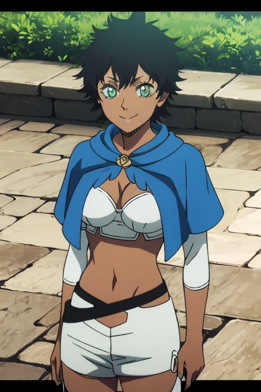 SOL, SHORT HAIR, BLACK HAIR, GREEN EYES, DARK SKIN, MEDIUM BREASTS, SPIKED HAIR, BANGS, shorts, white shorts, capelet, thighhighs, detached sleeves, crop top, 1girl, solo, upper body, facing viewer, looking at viewer, smile,