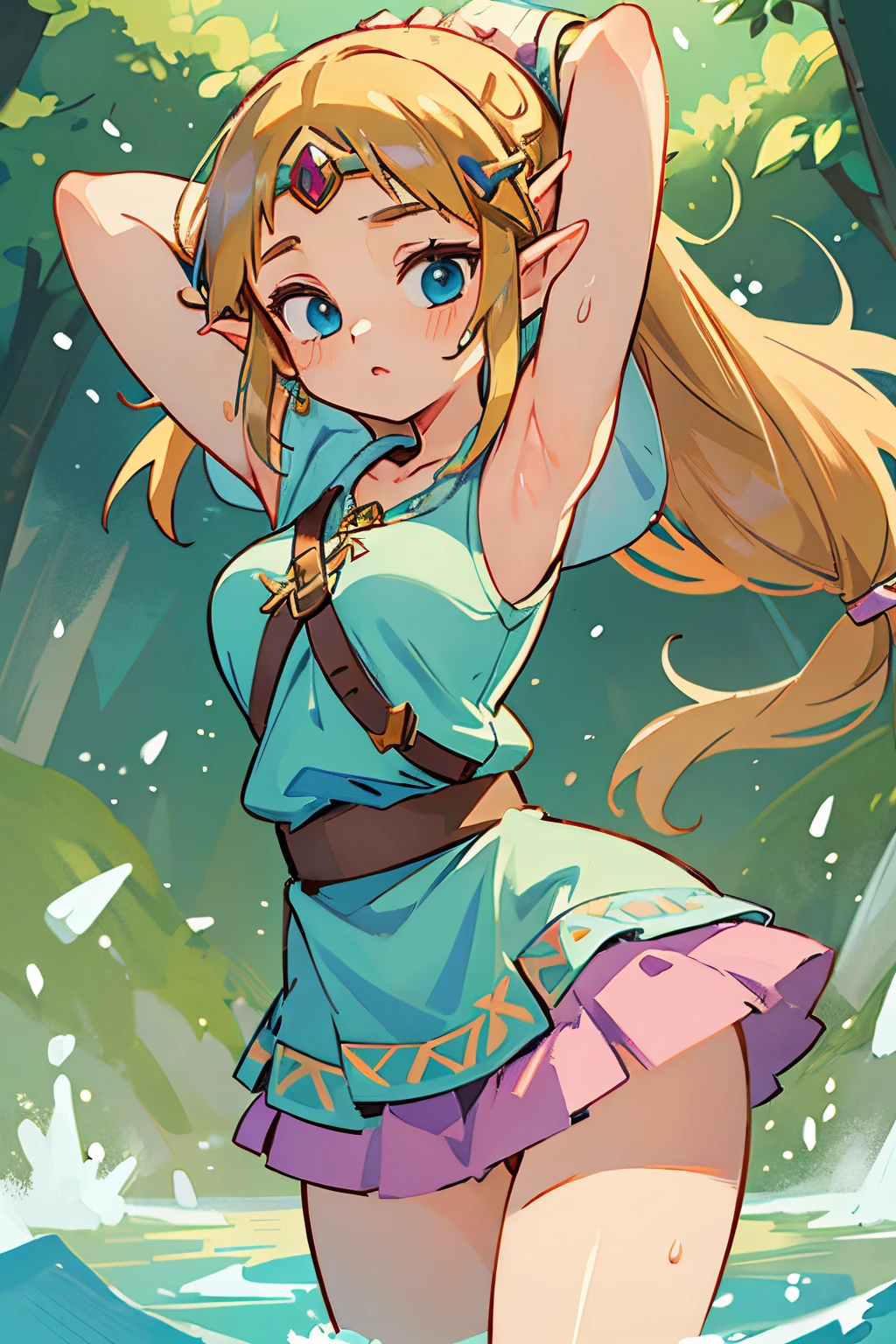 (best quality,masterpiece:1.2),The Legend of Zelda (Princess Zelda),1 girl,alone,changing breasts,flowing hair,short skirt,armpits,