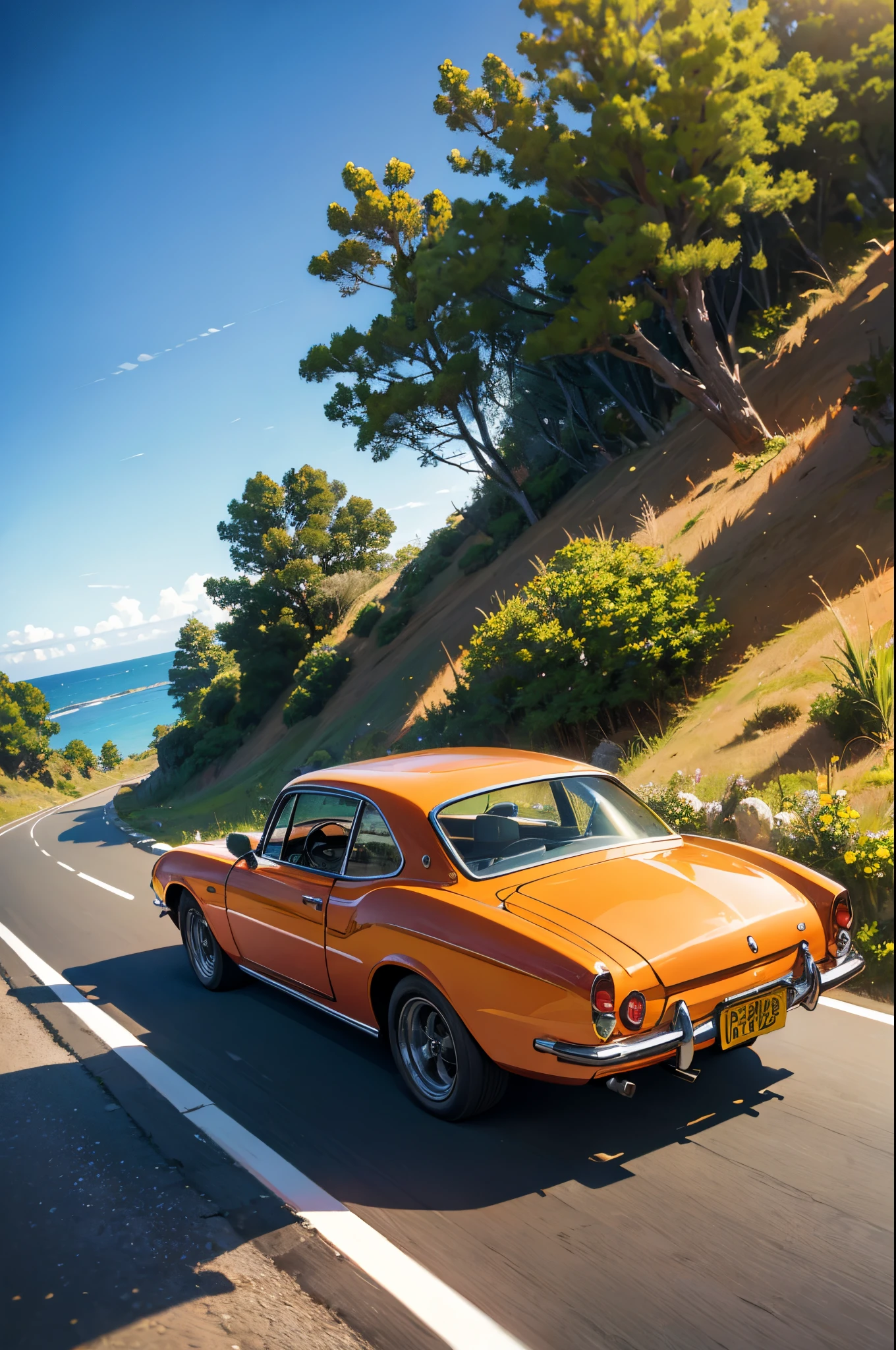 A photograph of classic cars racing along a winding coastal road in [location] during the golden hour, taken with a mirrorless camera with a fisheye lens.