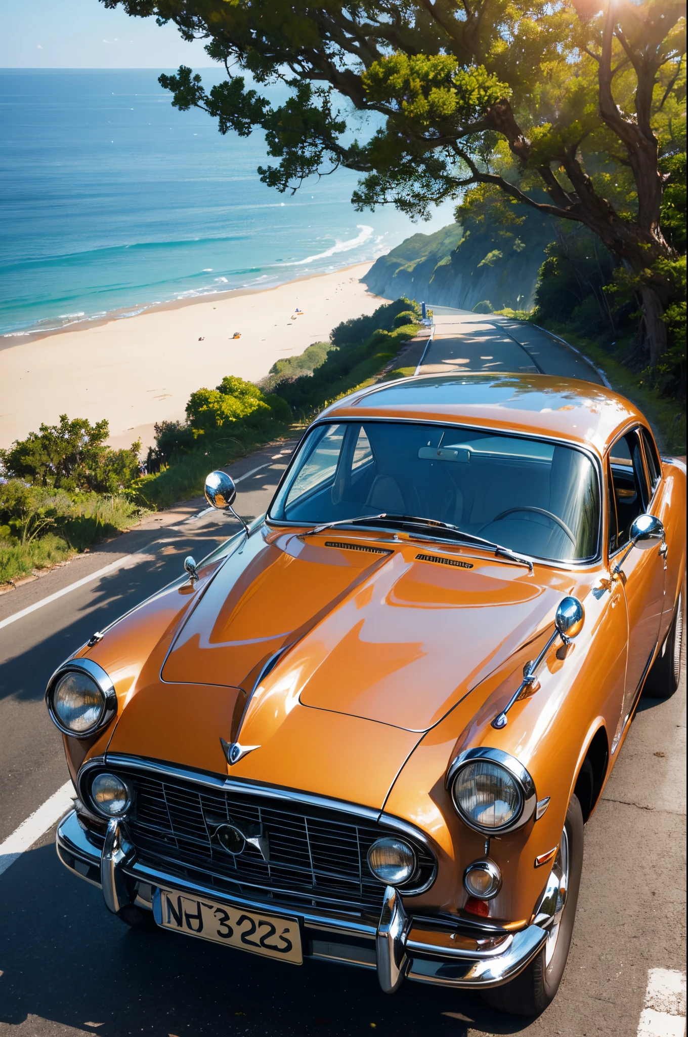 A photograph of classic cars racing along a winding coastal road in [location] during the golden hour, taken with a mirrorless camera with a fisheye lens.