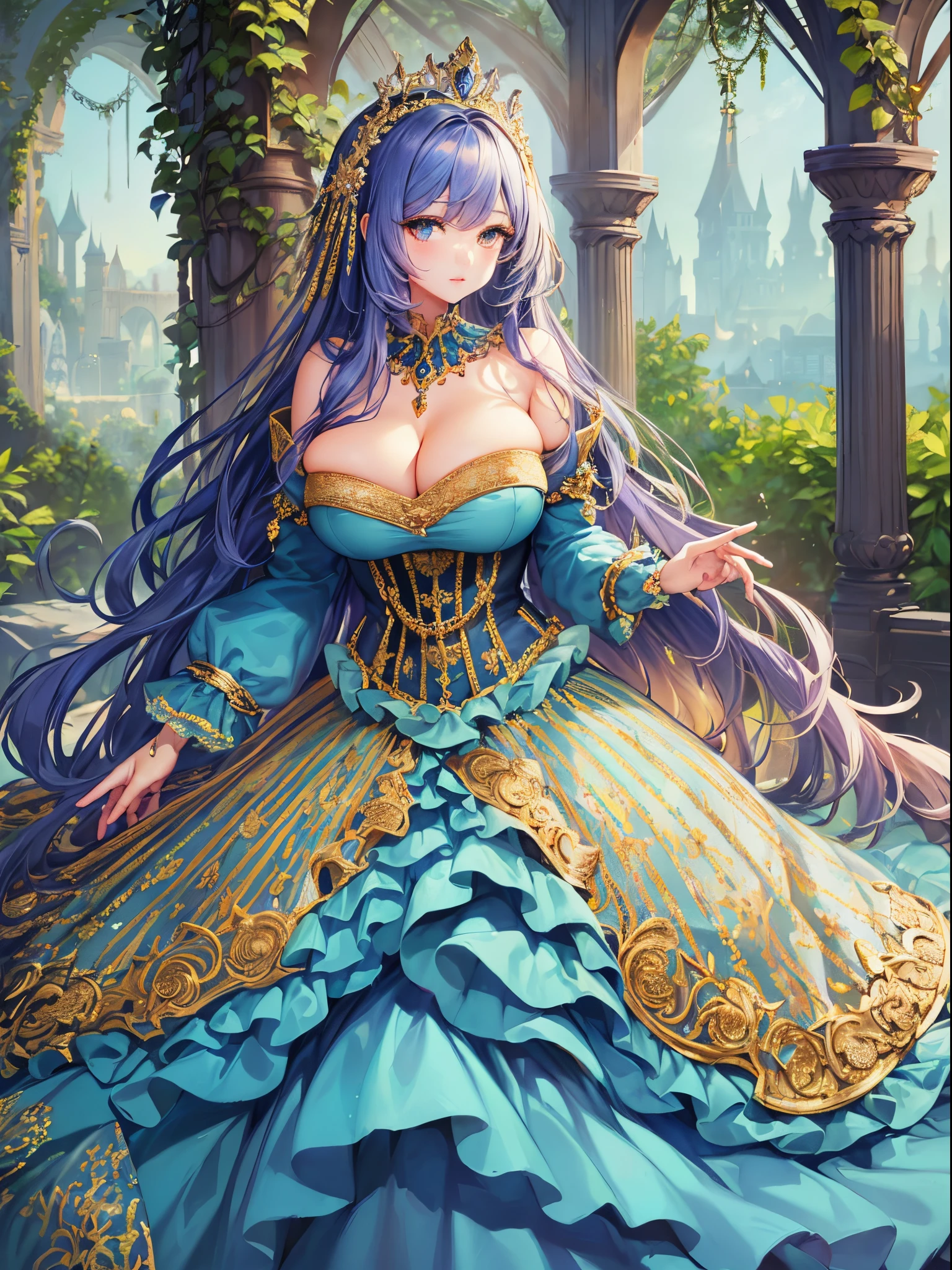 ultra-detailed, extremely detailed,((anime artstyle)),Masterpiece,(Best Quality),(Super Detail),(Very Delicate and Beautiful),((Solo)),((full body)),full body,((detailed face and eyes)),perfect eyes, rendered eyes,jewel-like beautiful eyes,((1 princess in beautiful embroidery and jeweled gorgeous rococo ballgown with frilled voluminous full length hoop skirt)),((Crinoline)),beautiful embroidery and jeweled gorgeous rococo ballgown with frilled voluminous full length hoop skirt,(large amount of straight hair,extremely voluminous Very Long straight Hair,Absolutely Long Straight Hair),((very gigantic boobs,bursting breasts)),cleavage,(fantasy castle,outdoors,outside the castle),long_gloves,extremely gorgeousfull jeweled hair ornament,(bling-bling extremely gorgeousfull jeweled tiara),(luxurious jewelry),full body,beautiful embroidery and jeweled gorgeous rococo ballgown with frilled voluminous full length hoop skirt