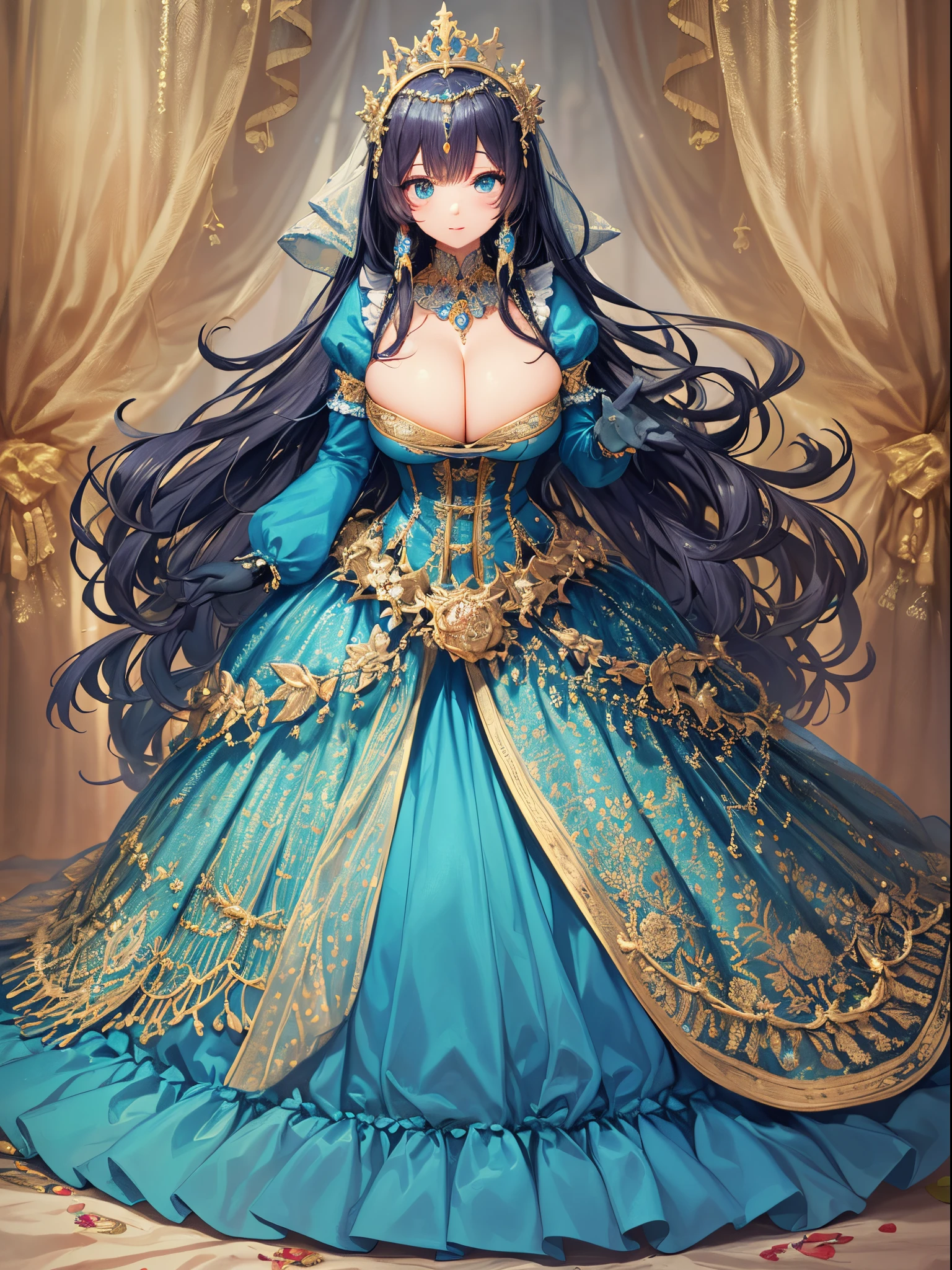 ultra-detailed, extremely detailed,((anime artstyle)),Masterpiece,(Best Quality),(Super Detail),(Very Delicate and Beautiful),((Solo)),((full body)),full body,((detailed face and eyes)),perfect eyes, rendered eyes,jewel-like beautiful eyes,((1 princess in beautiful embroidery and jeweled gorgeous rococo ballgown with frilled voluminous full length hoop skirt)),((Crinoline)),beautiful embroidery and jeweled gorgeous rococo ballgown with frilled voluminous full length hoop skirt,(large amount of straight hair,extremely voluminous Very Long straight Hair,Absolutely Long Straight Hair),((very gigantic boobs,bursting breasts)),cleavage,(fantasy castle,outdoors,outside the castle),long_gloves,extremely gorgeousfull jeweled hair ornament,(bling-bling extremely gorgeousfull jeweled tiara),(luxurious jewelry),full body,beautiful embroidery and jeweled gorgeous rococo ballgown with frilled voluminous full length hoop skirt