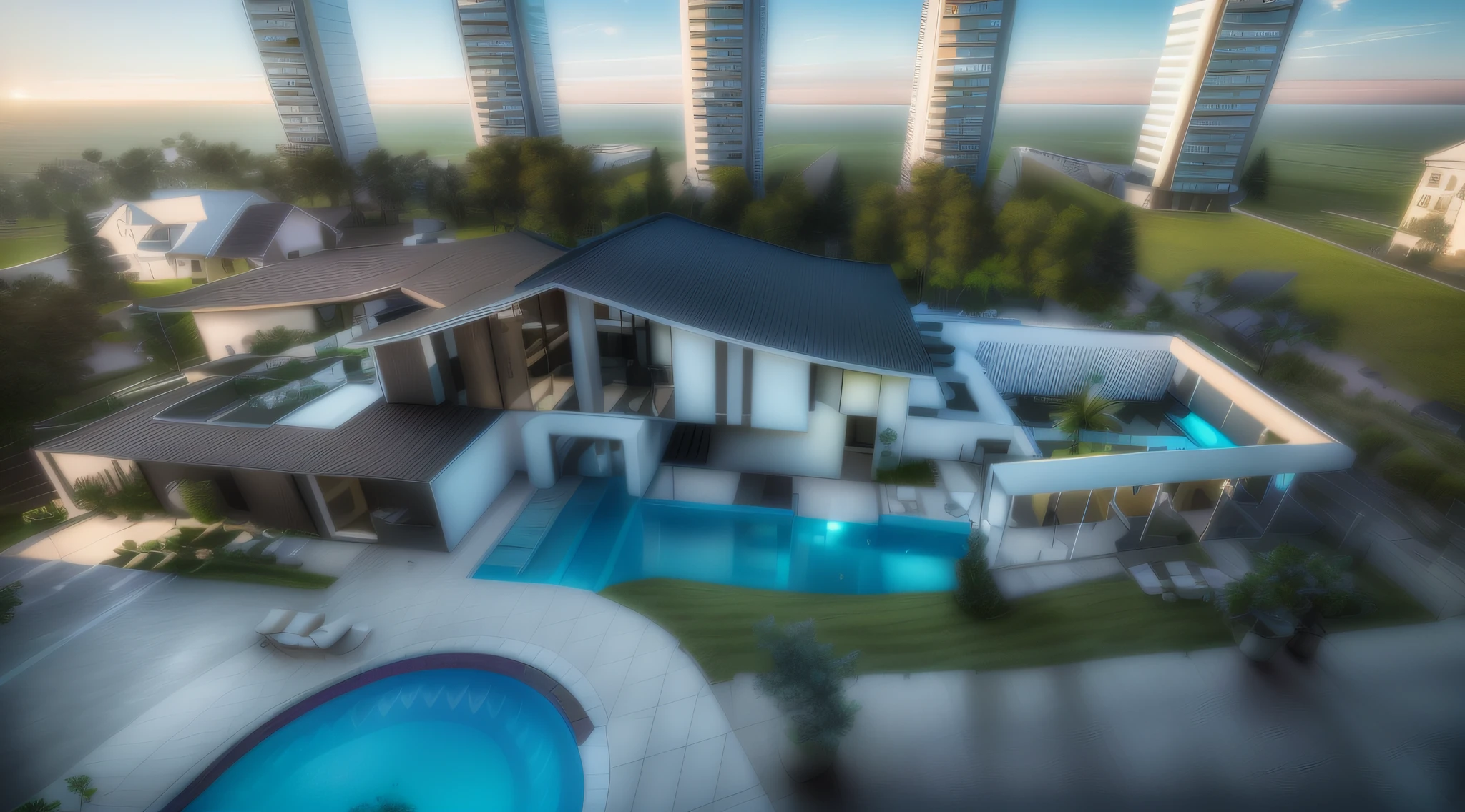 A modern house can be seen,Swimming pool,There is a car parked in the driveway, concept house, 3Drenderingof, a 3D render, Complex 3 D rendering, Complex 3 D rendering, archviz, building rendering, architectural 3d render, 3Drenderingof!, a 3D render!, Lumion rendering, mixed development, archviz, Brightness rendering makes it clear that the house is the main one
