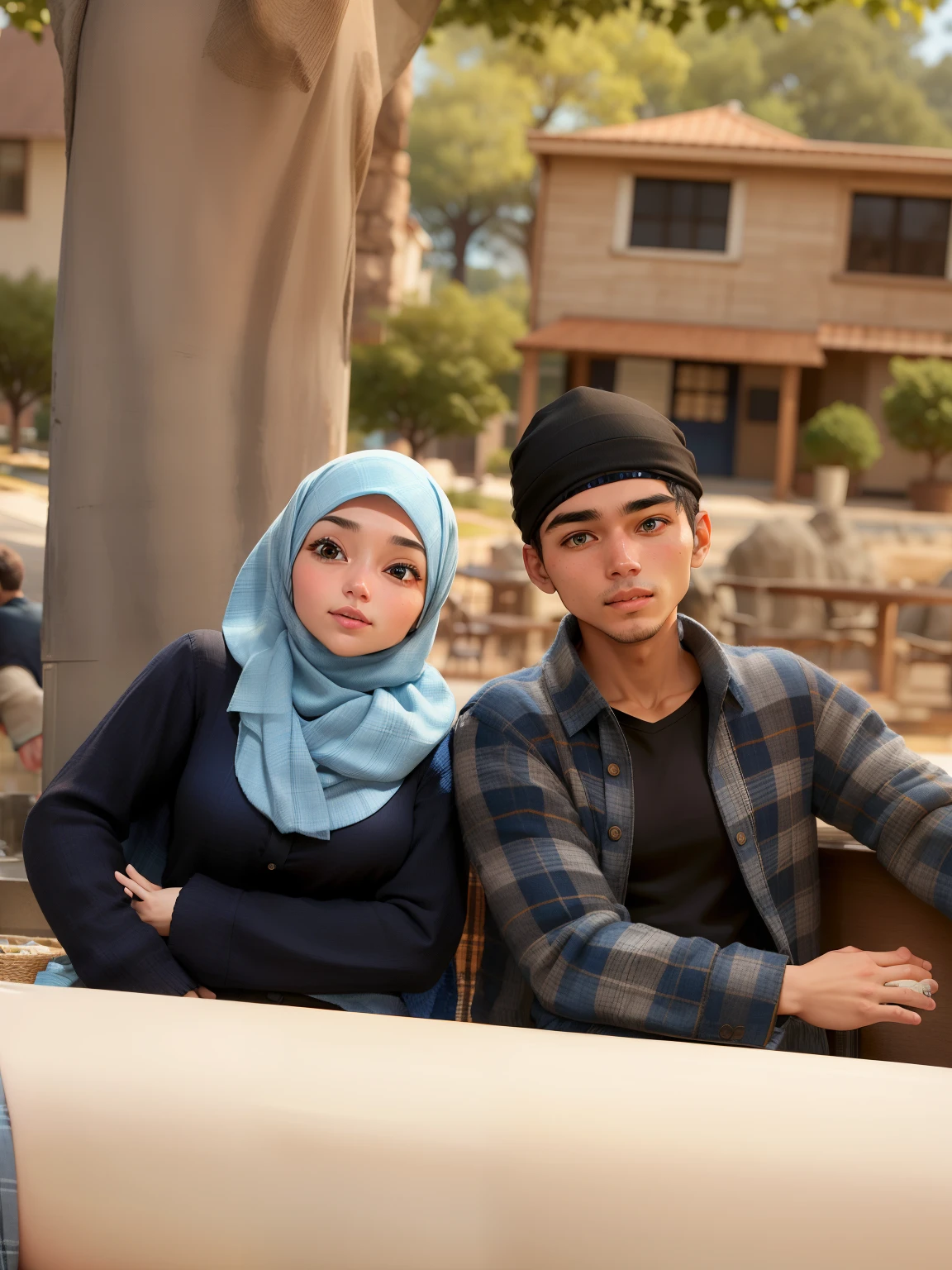 women wear black shirts and hijab blue shawls. And men wear blue & black plaid shirts.