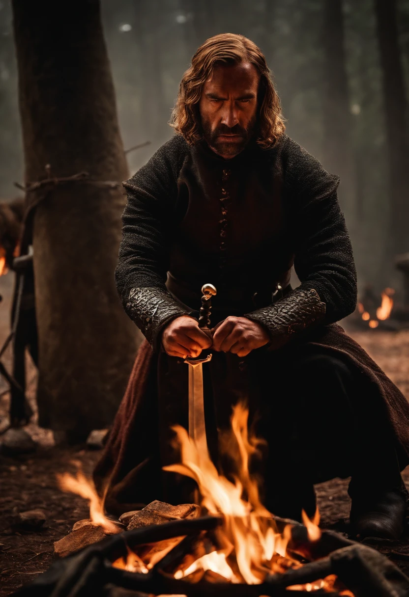 A photo of The Hound sharpening his sword by the fire,Game of Thrones,The Hound from Game of Thrones